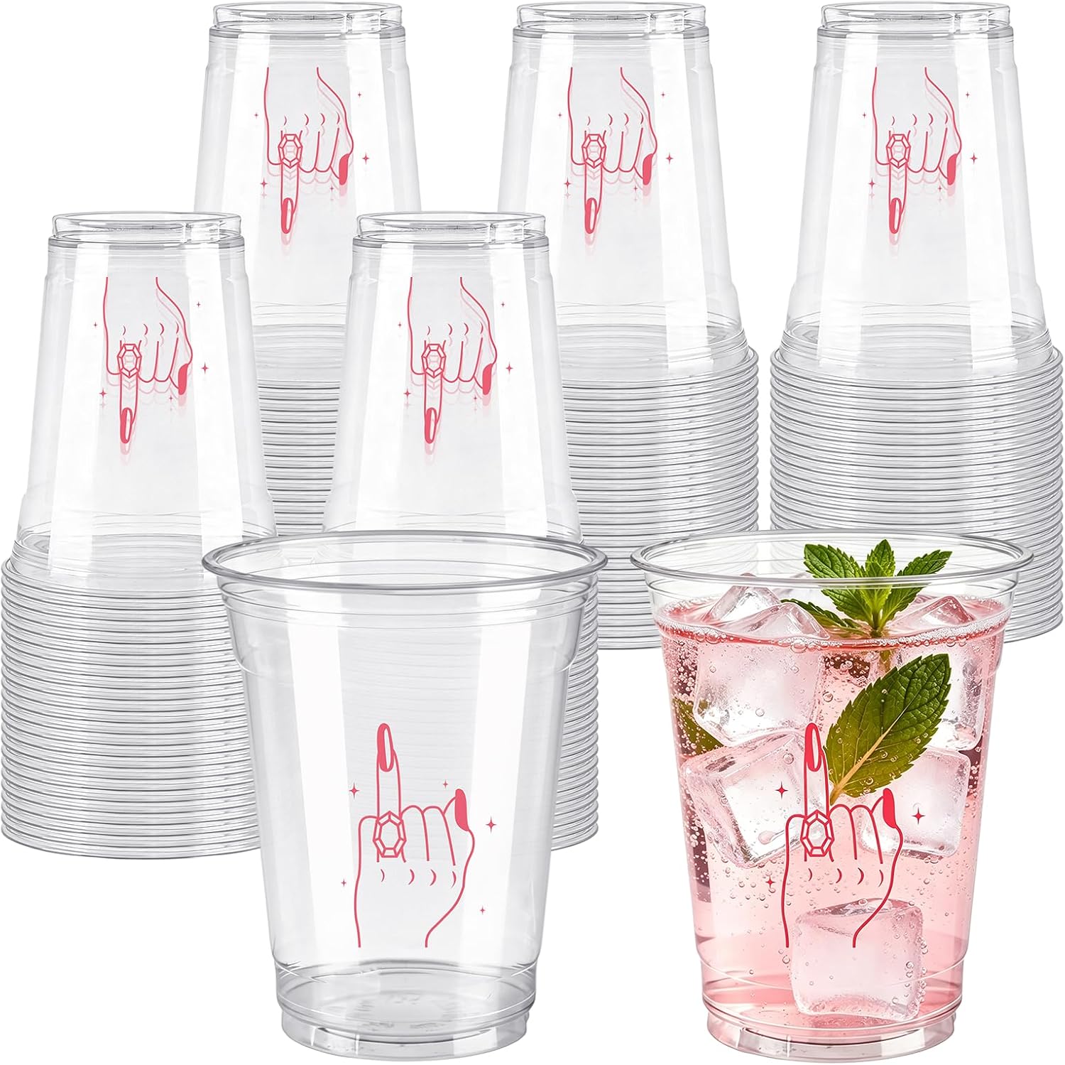 50 PCS Pink Ring Finger Cups Bachelorette Party Supplies 12 oz Clear Plastic Drink Cups for Bridal Shower Engagement Wedding Decorations I DO Diamond Ring Disposable Drinkware Party Favors