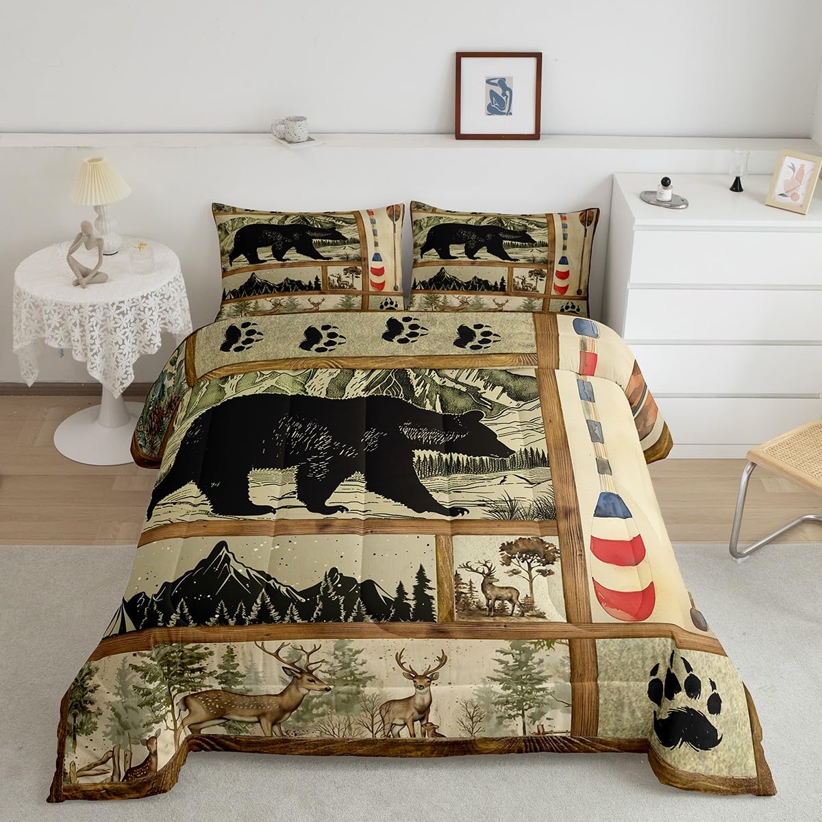 Farmhouse Hunting Bear Comforter Set Full Size, Lake House Decor Bedding, Retro Woodland Lake Paddle Down Comforter, Deer Moose Wildlife Duvet Insert,