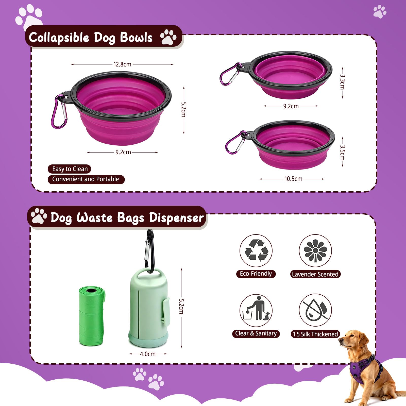 Arnes Perro, Conjunto de arnés y Correa para Perros cinturón de Seguridad, comederos Plegables y dispensador de Bolsas para excrementos. Ideal para Entrenamiento, Paseos y Viajes