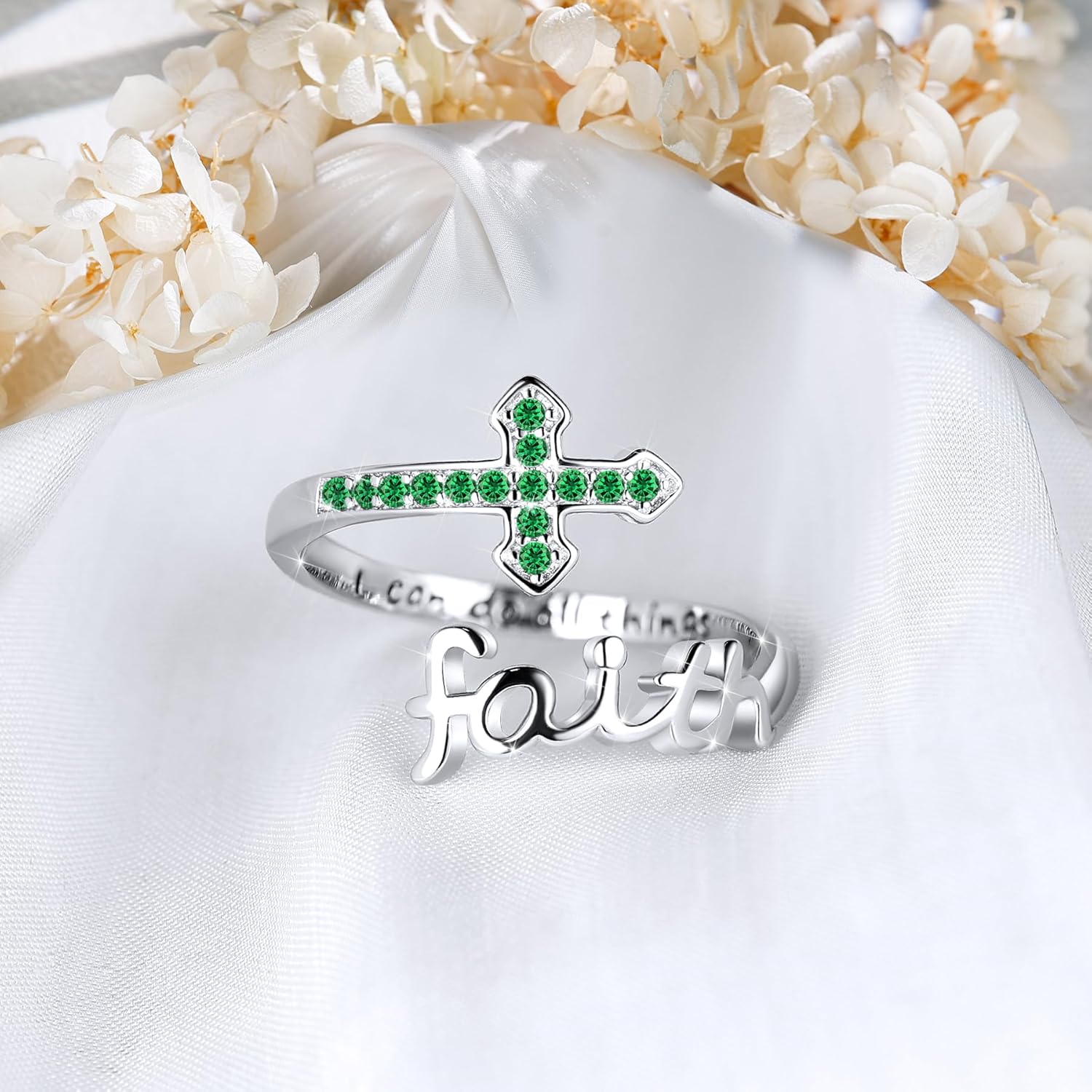LYTTMAB Birthstone Faith Ring For Women, Sterling S925 Silver Cross Ring For Women, Christian Ring Jesus Ring Religious Christian Gift