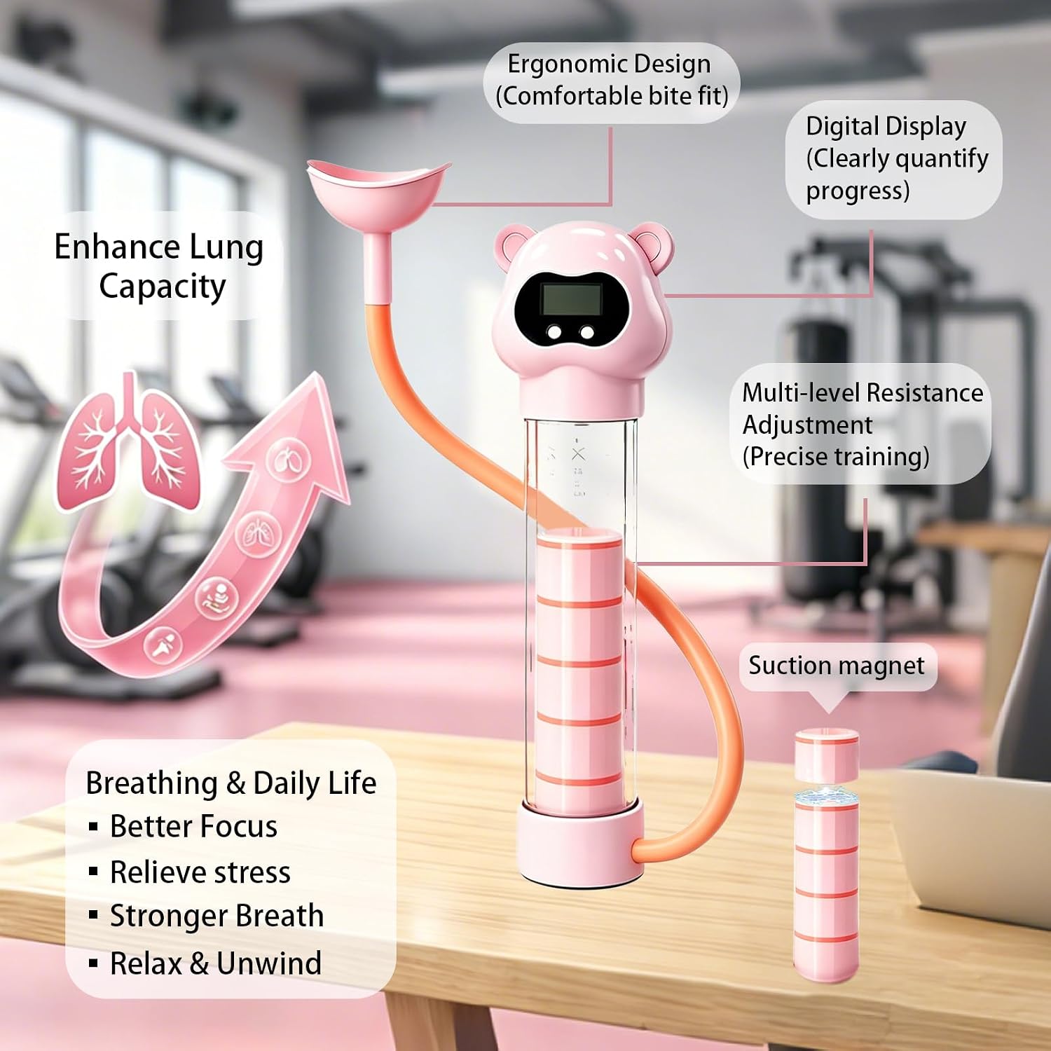 Digital Load-Bearing Respiratory Training Device with Adjustable Air Holes – Abdominal & Lung Capacity Trainer for Core Muscle Strengthening, Belly Slimming, and Resistance Workout (Pink) | breathing exercise device for lungs incentive spirometer adult breathing trainer lung & breathing exercise device