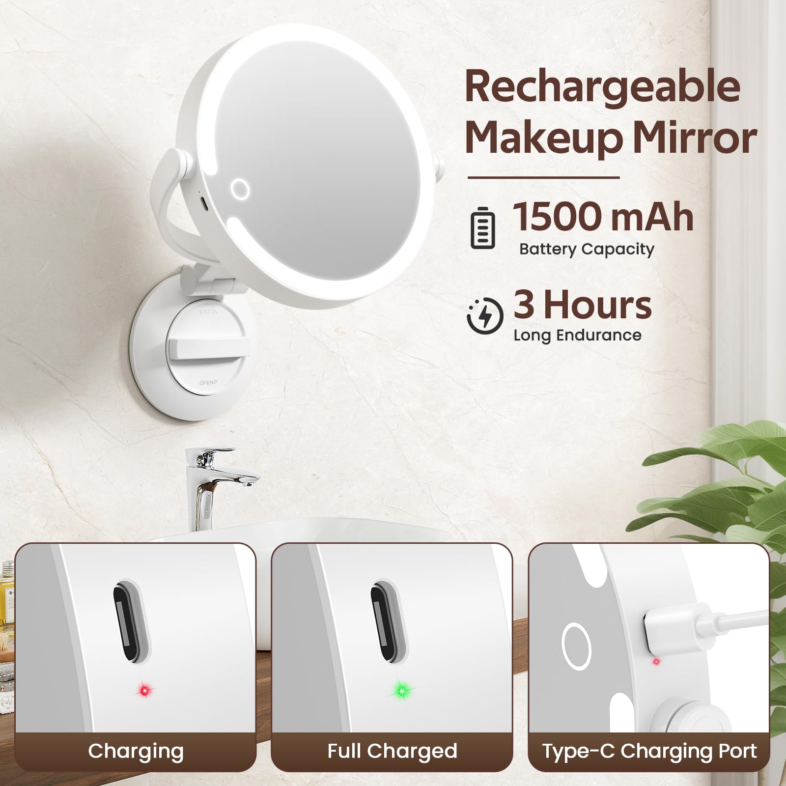 Specchio Trucco Con Luci LED - Ingranditore 1X/10X, Ventosa, Ricaricabile - Foto 8