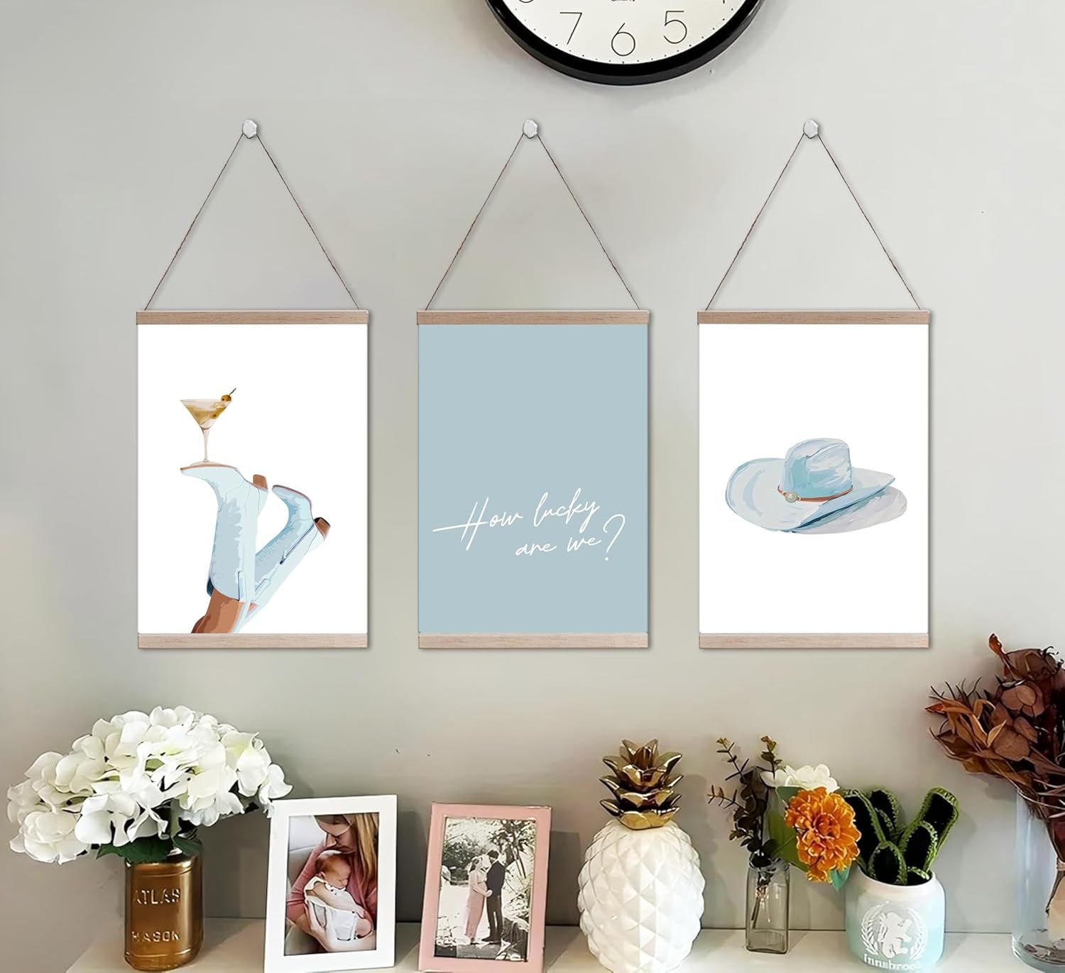 3Pcs Light Blue Cowgirl Boots Wall Art Preppy Martini Western Wall Decor Coastal Cowgirl Boots Poster Print Artwork for Bottoms Apartment Aesthetic Home Bar From Home Decoration Unframed - Image 3
