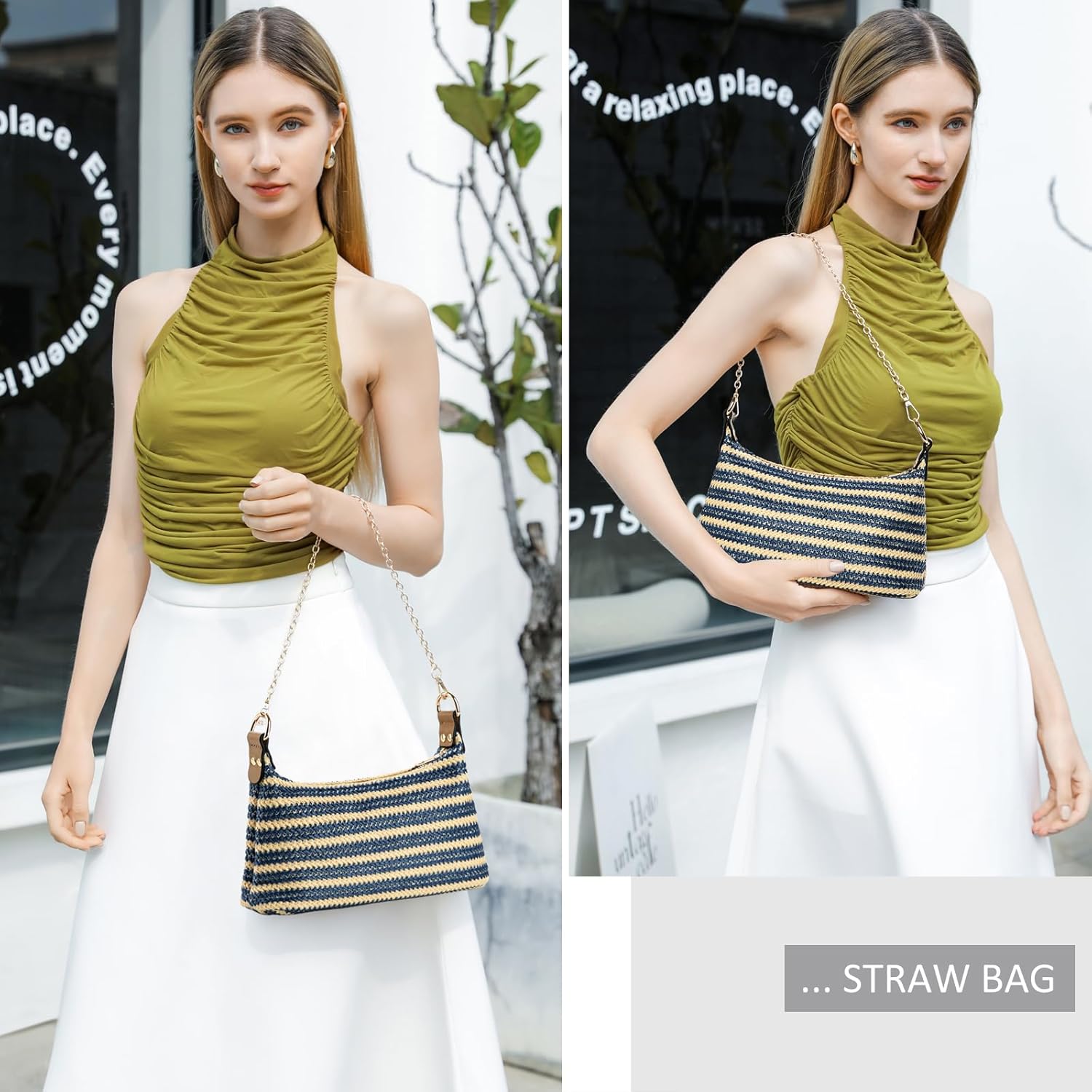 CROJUYI Straw Shoulder Bag for Women Soft Small Woven Shoulder Purse Handbag,Beach Tote Straw Bag for Summer