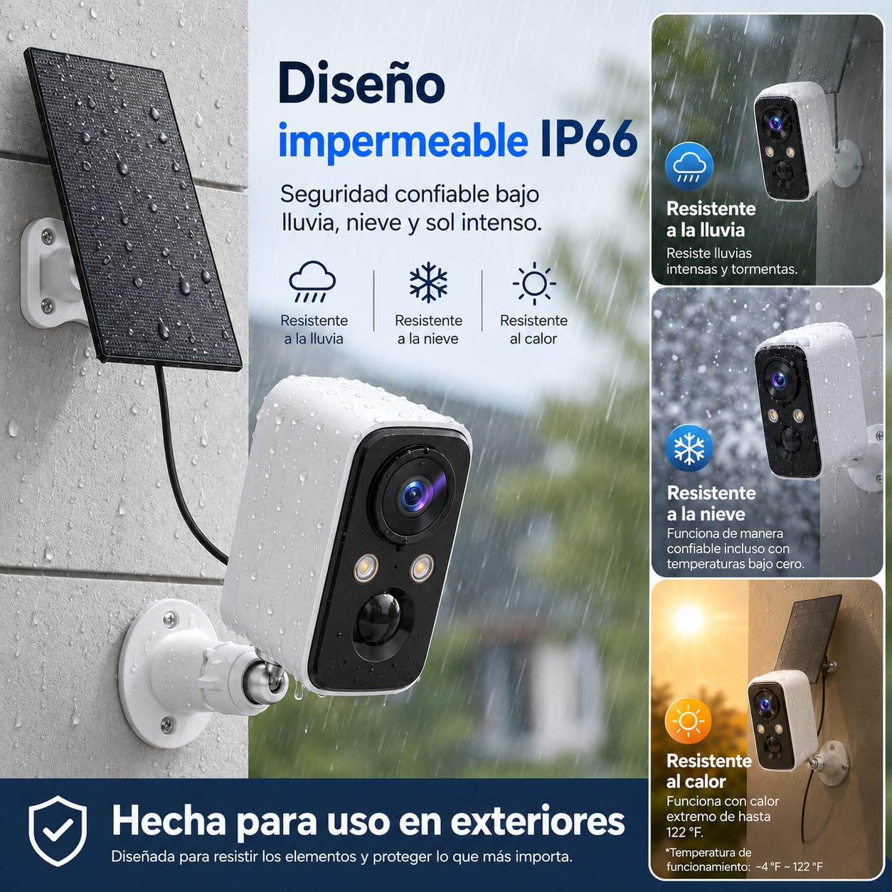 Pack de 3 Cámaras de Seguridad Solar 2K WiFi para Exterior, Visión Nocturna a Color, Detección PIR, Audio Bidireccional, Foco Integrado, IP66 Impermeable, para Hogar, Patio, Entrada y Garaje