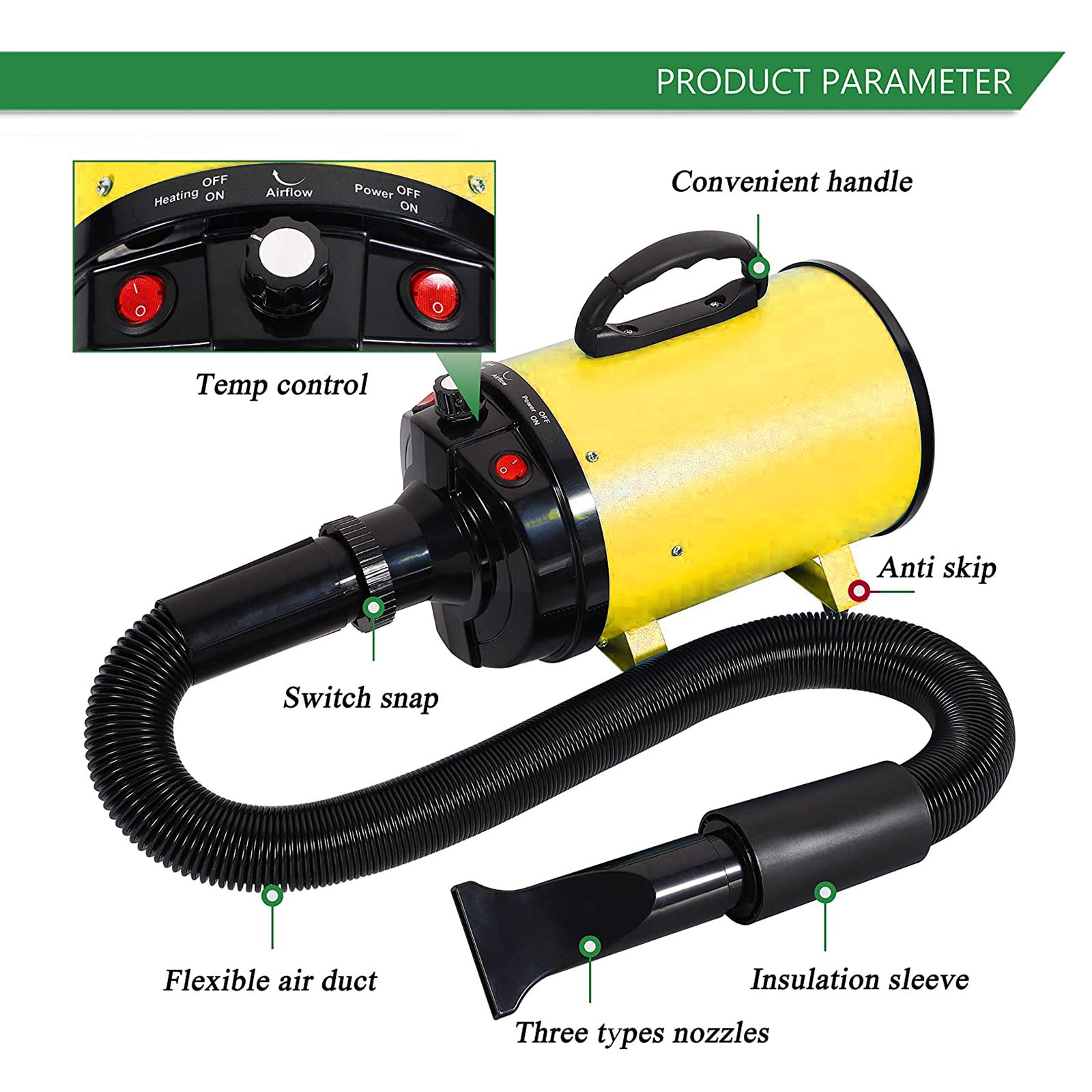 Séchoir Sèche-Poils Toilettage Professionnel pour Chien Chat Animaux 2400W Stepless Vitesse Réglable Chauffage Soufflant Machine De Toilettage avec Tuyau, 3 Buses en Option