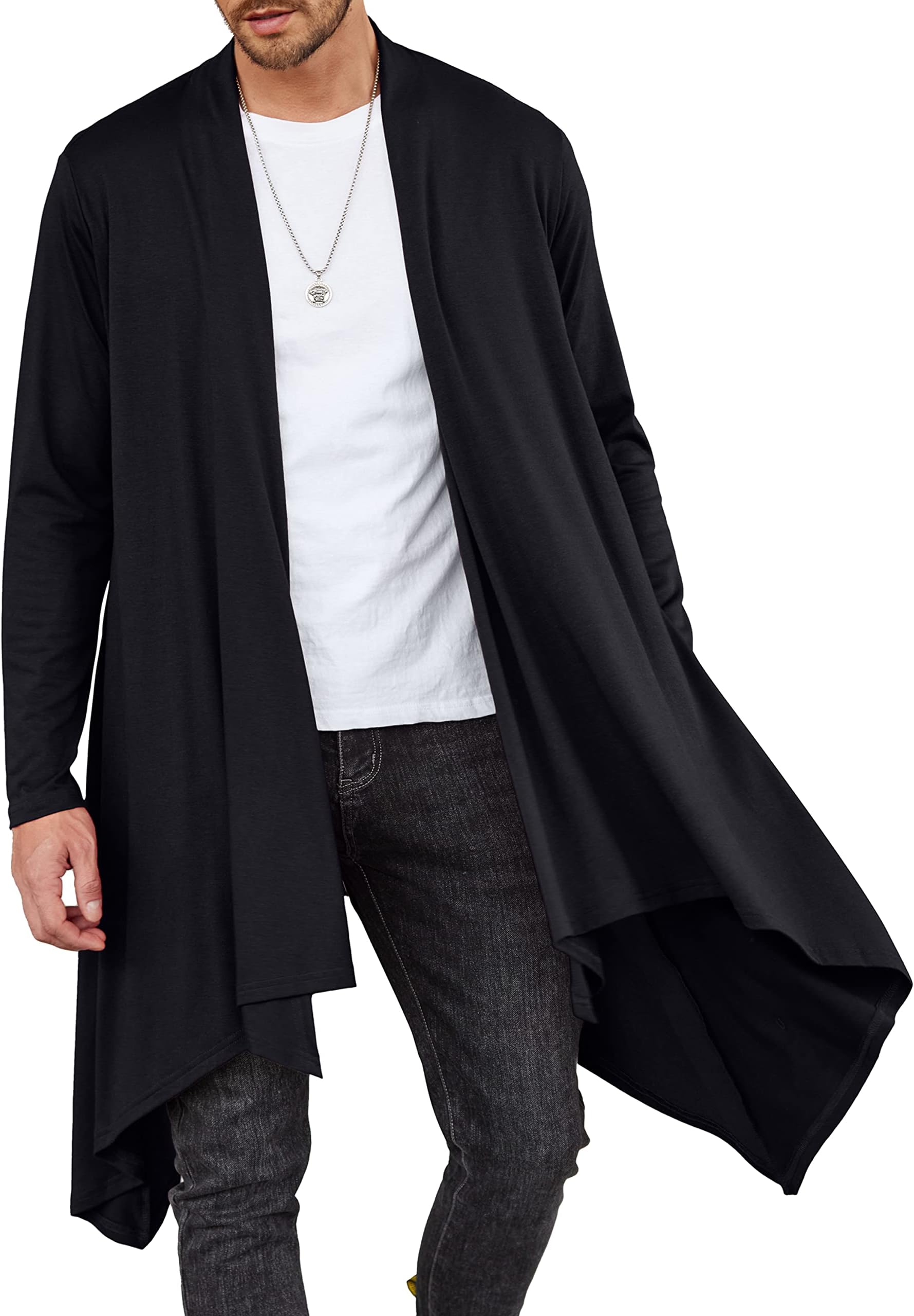 COOFANDY Men's Ruffle Shawl Collar Cardigan Long Sleeve Open Front Lightweight Long Length Drape Cape Overcoat