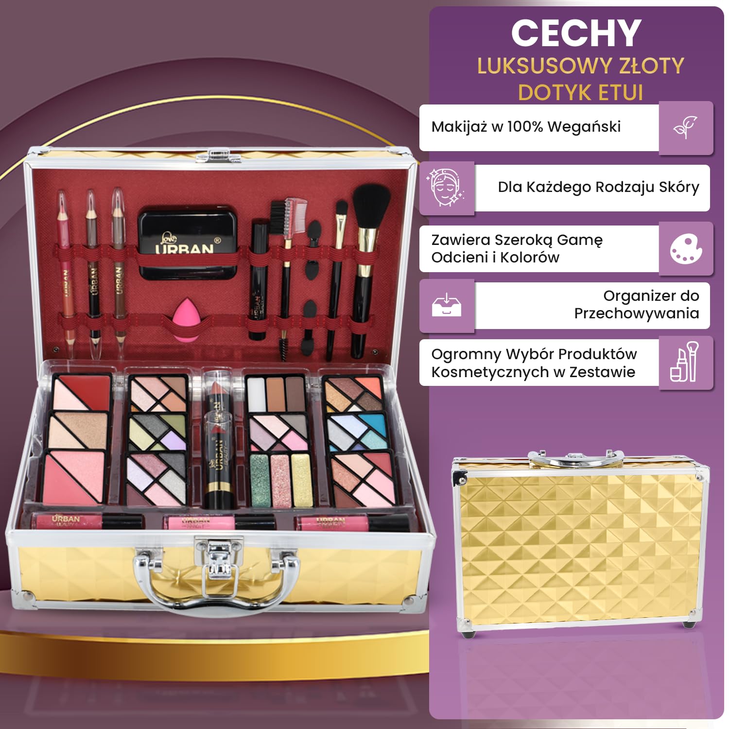 Wegański Makijaż Pudełko na Kosmetyki Love Urban Beauty Luxe Gold Touch Zestaw Upominkowy Podróżny 73 szt