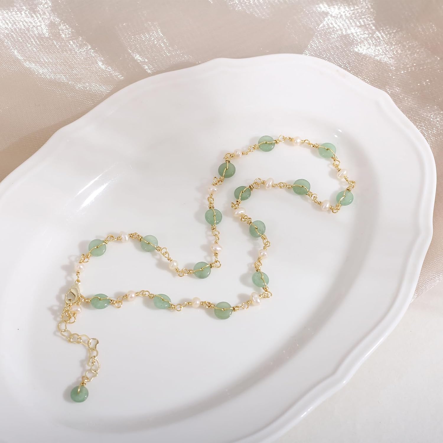 14K Gold Plated Natural Jade & Pearls Necklaces for Women, Natural Freshwater Pearls Jade Pendant Lucky Green Jewelry Chain for Women Lover (14K Gold Plated) - Image 7