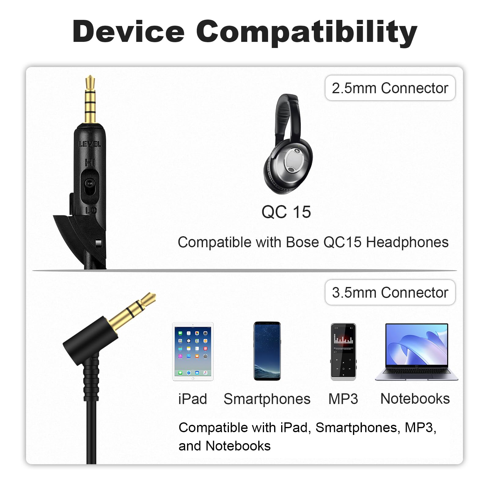 Replacement Audio Extension Cable Compatible with Bose QuietComfort 15, QC15 Headphones, 2.5mm to 3.5mm aux Cable,24K Metal Connectors (6 FT, Black)