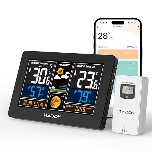 Raddy N75 Wi-Fi Weather Station with App Control, 7.5" Color Display Indoor Outdoor Thermometer, Accurate Weather Forecast, Network Time, Frost Alert, Adjustable Backlight for Home Use