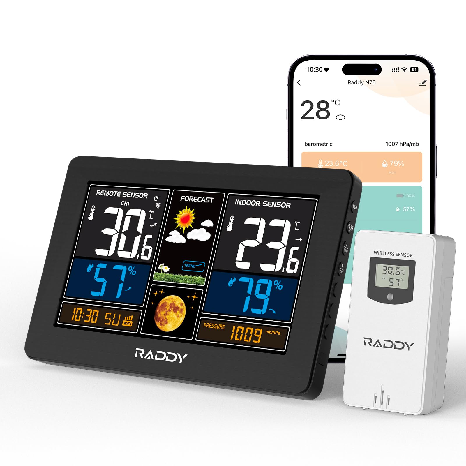 Raddy N75 Wi-Fi Weather Station with App Control, 7.5" Color Display Indoor Outdoor Thermometer, Accurate Weather Forecast, Network Time, Frost Alert, Adjustable Backlight for Home Use