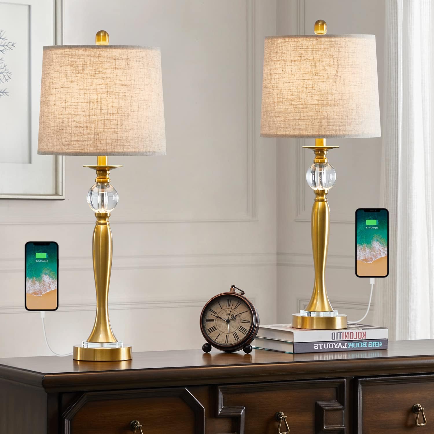 BOBOMOMO USB Metal Crystal Table Lamp 28'' Set of 2 Modern Living Room Bedroom Nightstand Bedside Desk Lamp(Gold)