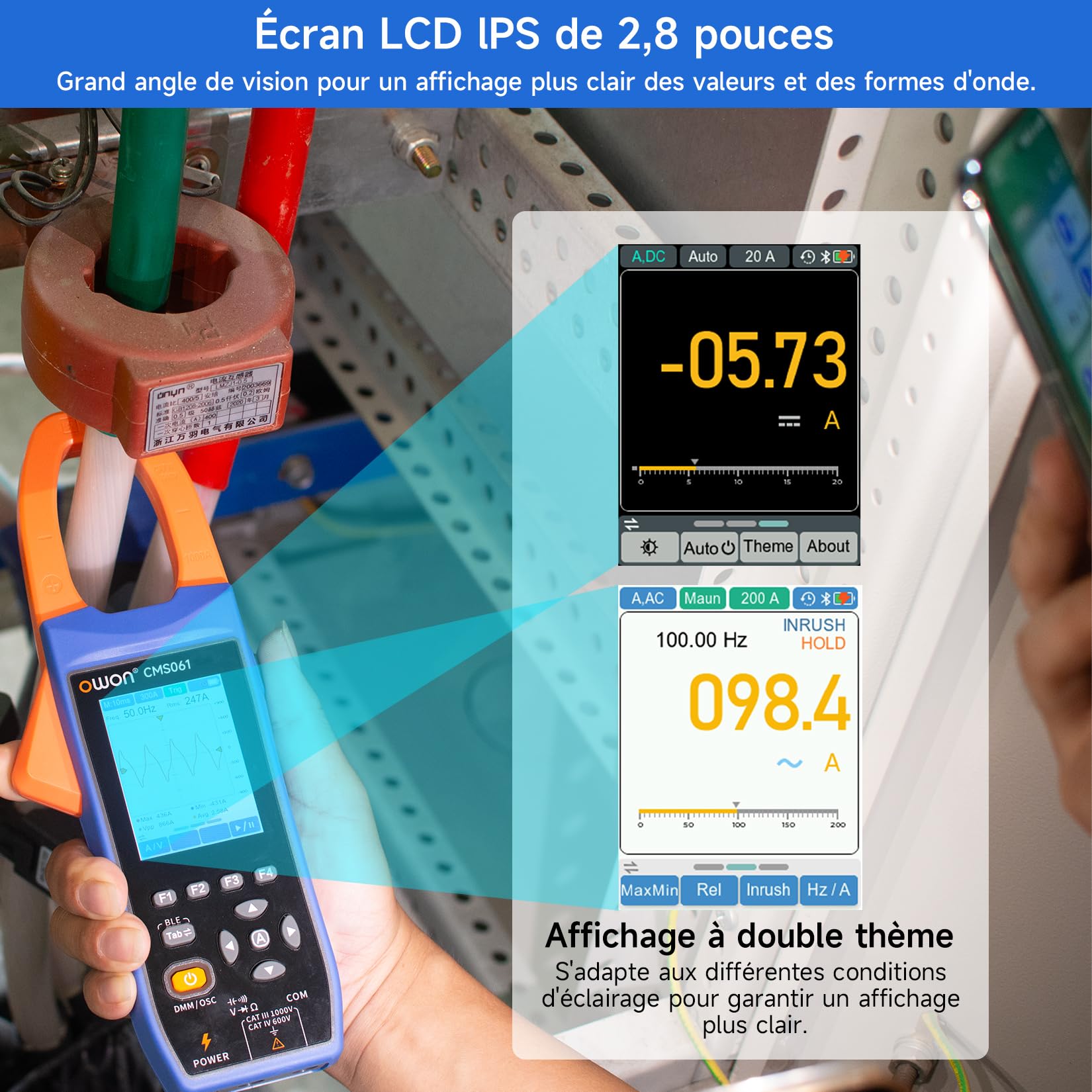 OWON CMS061 Pince électrique AC/DC 600A, fonction écrivain, oscilloscope 3-en-1, 20000 Count True RMS Auto-Ranging, Alarme, NCV, Pince d'alimentation Bluetooth