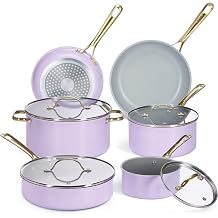 Chef Power Ceramic Cookware Sets, Pots and Pans Set Non Stick 10Pcs, Induction Kitchen Cooking Set with Stainless Steel Handle, Dishware & Oven Safe, Purple