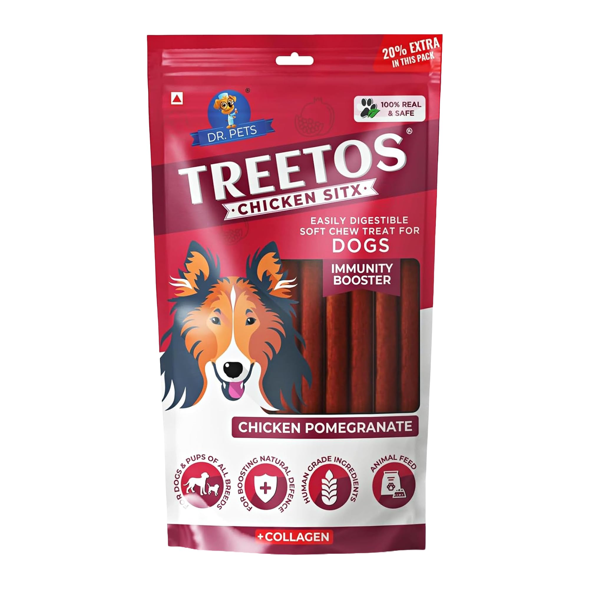 Dr. Pets Pack of 3 (85g Each) Treetos Chicken Stix Dog Treats | Chicken Pomegranate Flavour | Soft Chew Sticks for Puppies & Adult Dogs | Training Reward Snacks | Easy to Chew | Pouch Pack 4