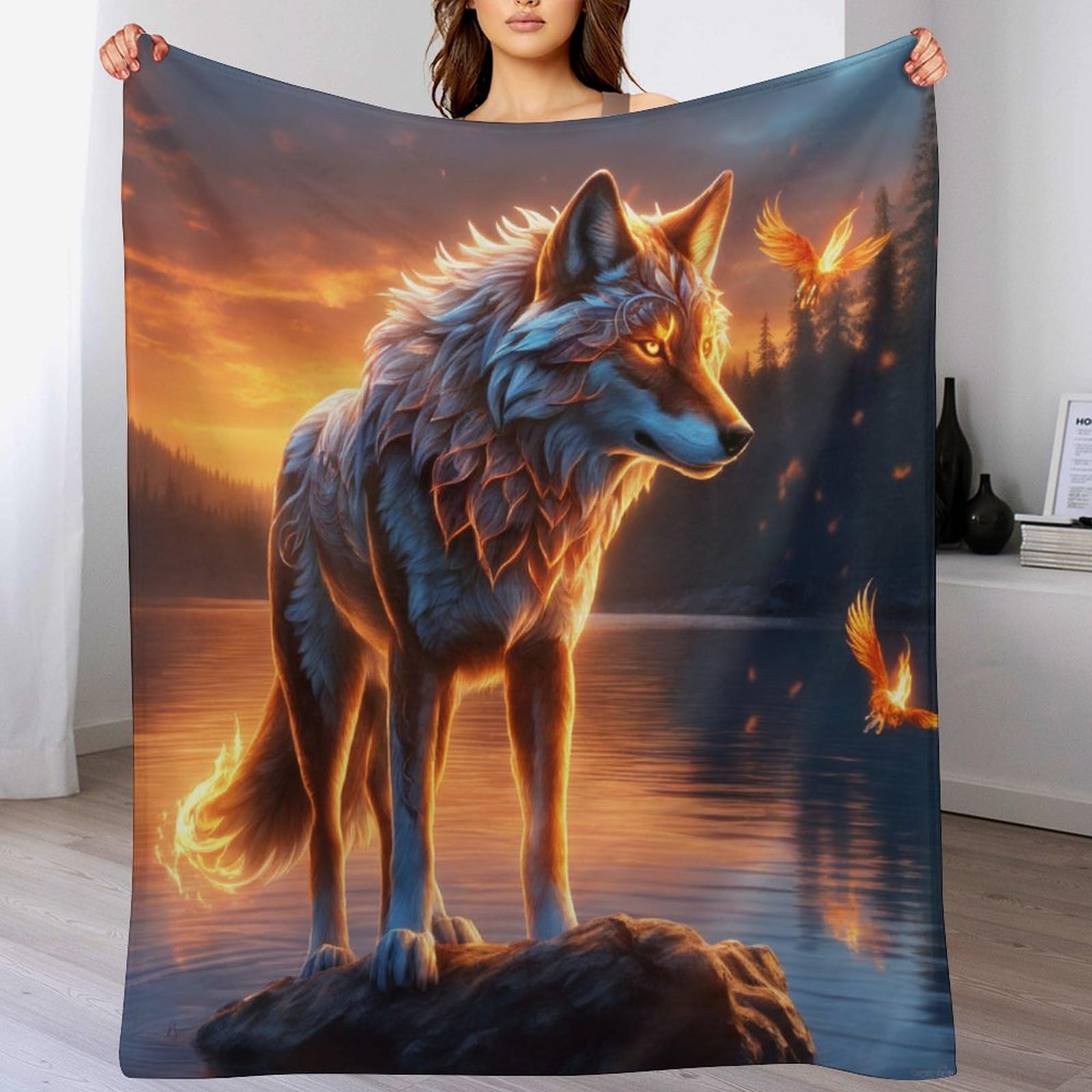 Couverture polaire loup 130x150cm plaid léger pour lit et canapé