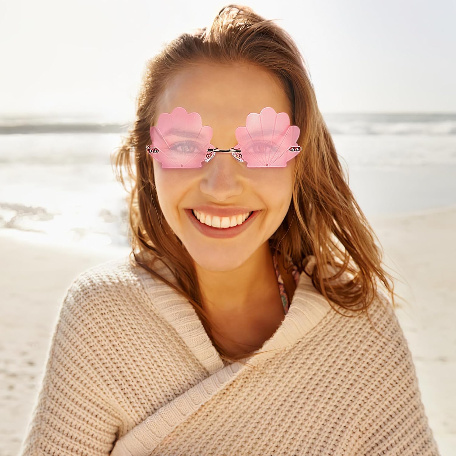 Toddmomy 2 Pairs Seashell Sunglasses Rimless Party Glasses for Women Men Shell Shape Eyewear for Disco Rave Vintage Parties New Year Celebrations Photo Props