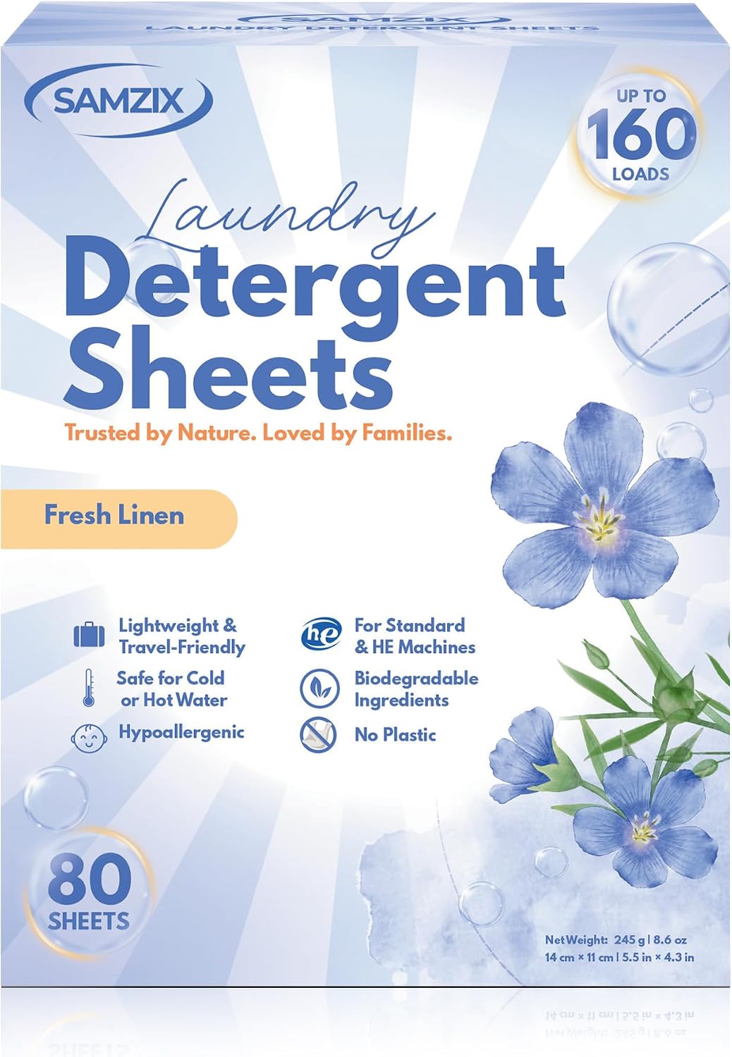 Laundry Detergent Sheets, Fresh Linen, 80 Count (Up to 160 Loads), Plant-Based, Plastic-Free, Biodegradable, Hypoallergenic, HE & Standard Washers, Travel-Friendly