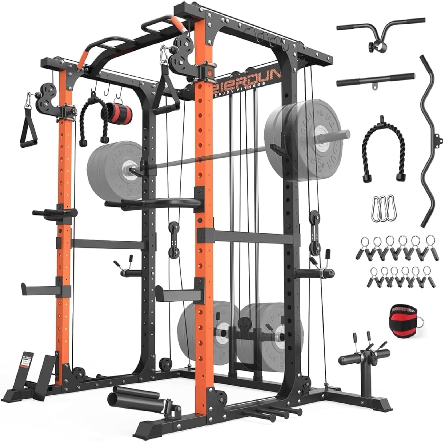 FEIERDUN Multifunktionaler Kniebeugen-Rack, Power Cage,907kg Kapazität, Power Rack mit verstellbarem Kabel-Crossover-System und zusätzlichen Aufsätzen, idealer Gewichtskäfig für Zuhause/Fitnessstudio