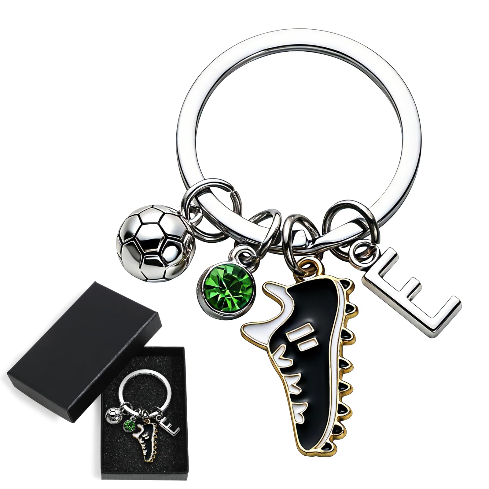 DOORIO Football Keyring, Sliver Initials Keyring with Rhinestone Football Boot & Ball Charms Keychain for Boys Girls Football Lovers Keyring Gifts (E)