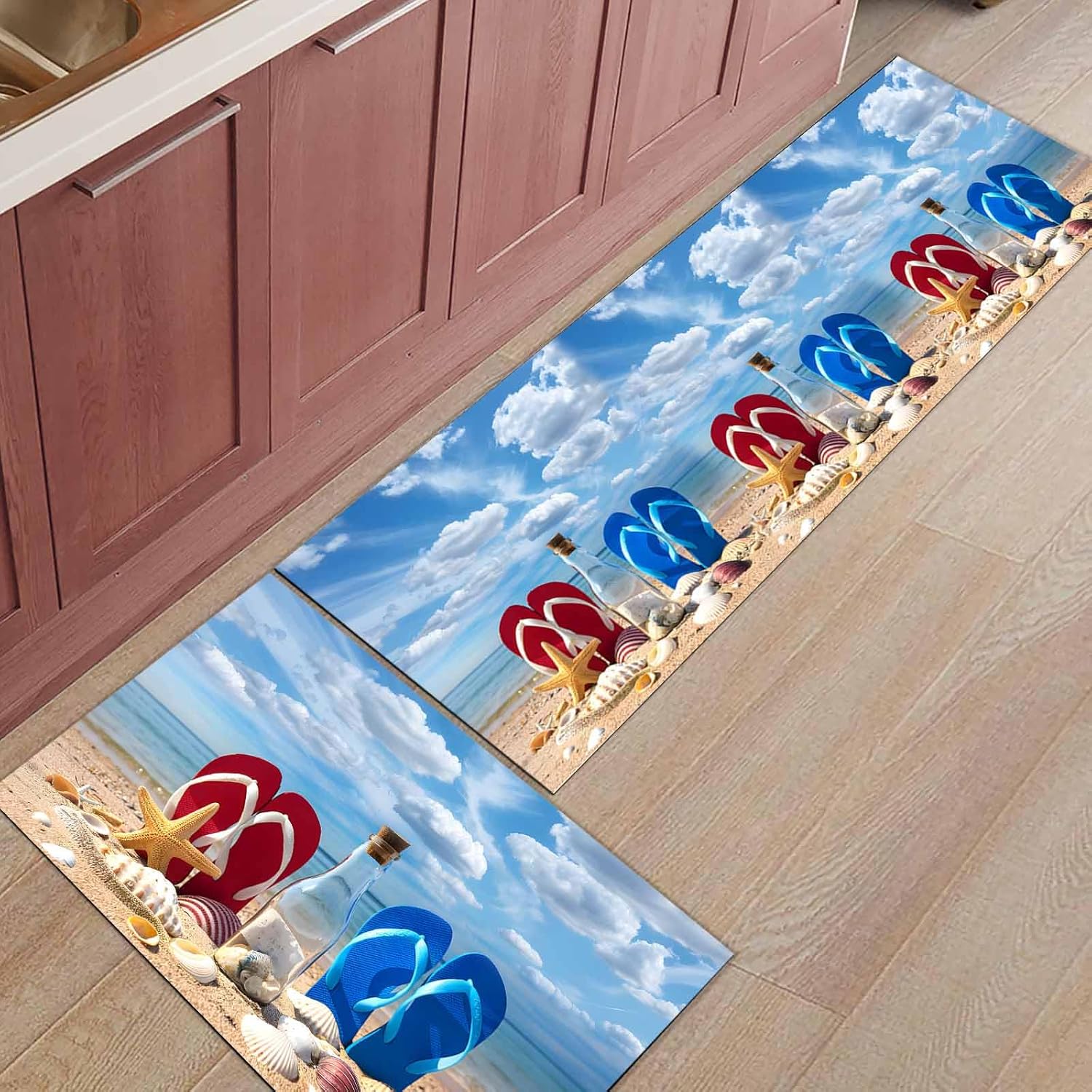 2 Pieces Kitchen Rugs and Mats,Coastal Beach Slipper Bottle Starfish Shell Area Runner Rug Set Non Slip Floor Doormat Washable Carpet Standing Mat for Kitchen Sink Corridor,Summer Seaside Theme