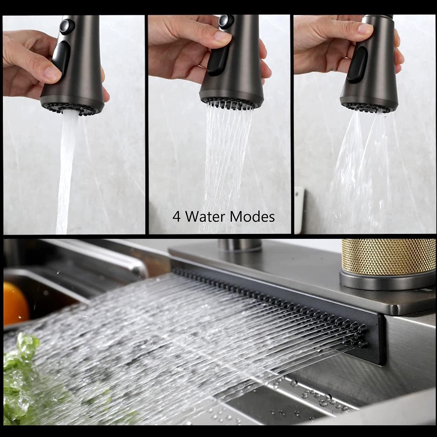 Fregadero De Barra De Cocina Negro Grande con Grifo Purificador, Grifo Extraíble, Botón De Drenaje, Lavavasos Y Kits De Instalación, Fregadero De Cocina De Un Seno De Acero Inoxidable 304 (T