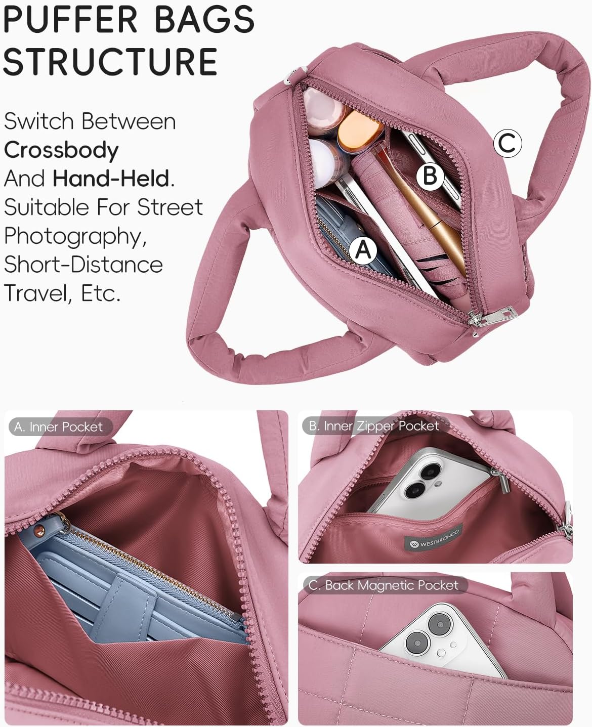 WESTBRONCO Small Puffer Crossbody Bags for Women Puffy Nylon Shoulder Bag Womens Quilted Handbags with Chain Strap for Daily