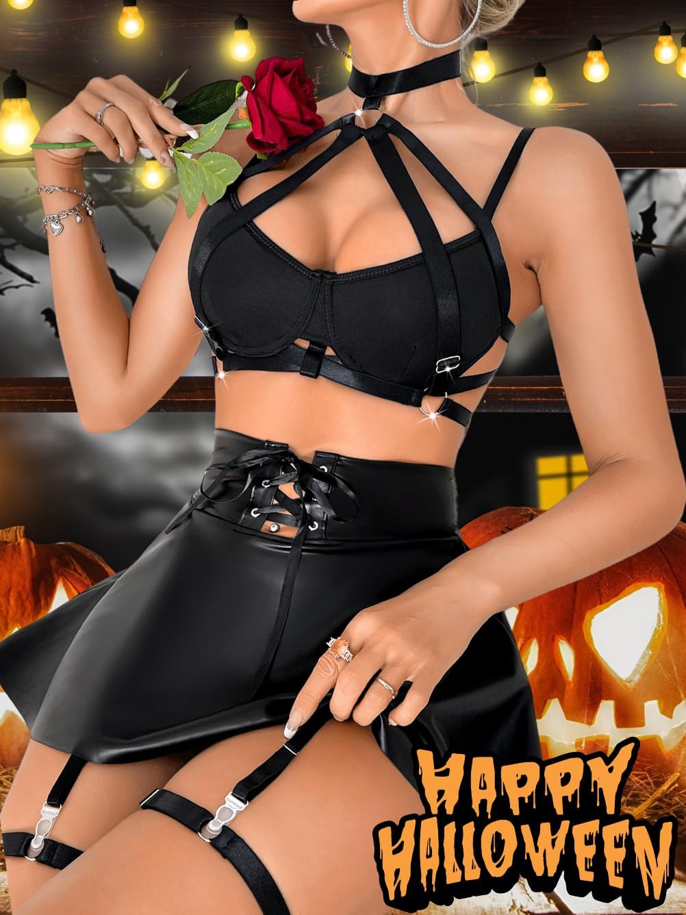 ShawGobow Rave Outfits For Women,Strappy Underwire Vinyl Lingerie,4 Piece High Waisted Sexy Garter Skirt Set Club Festival