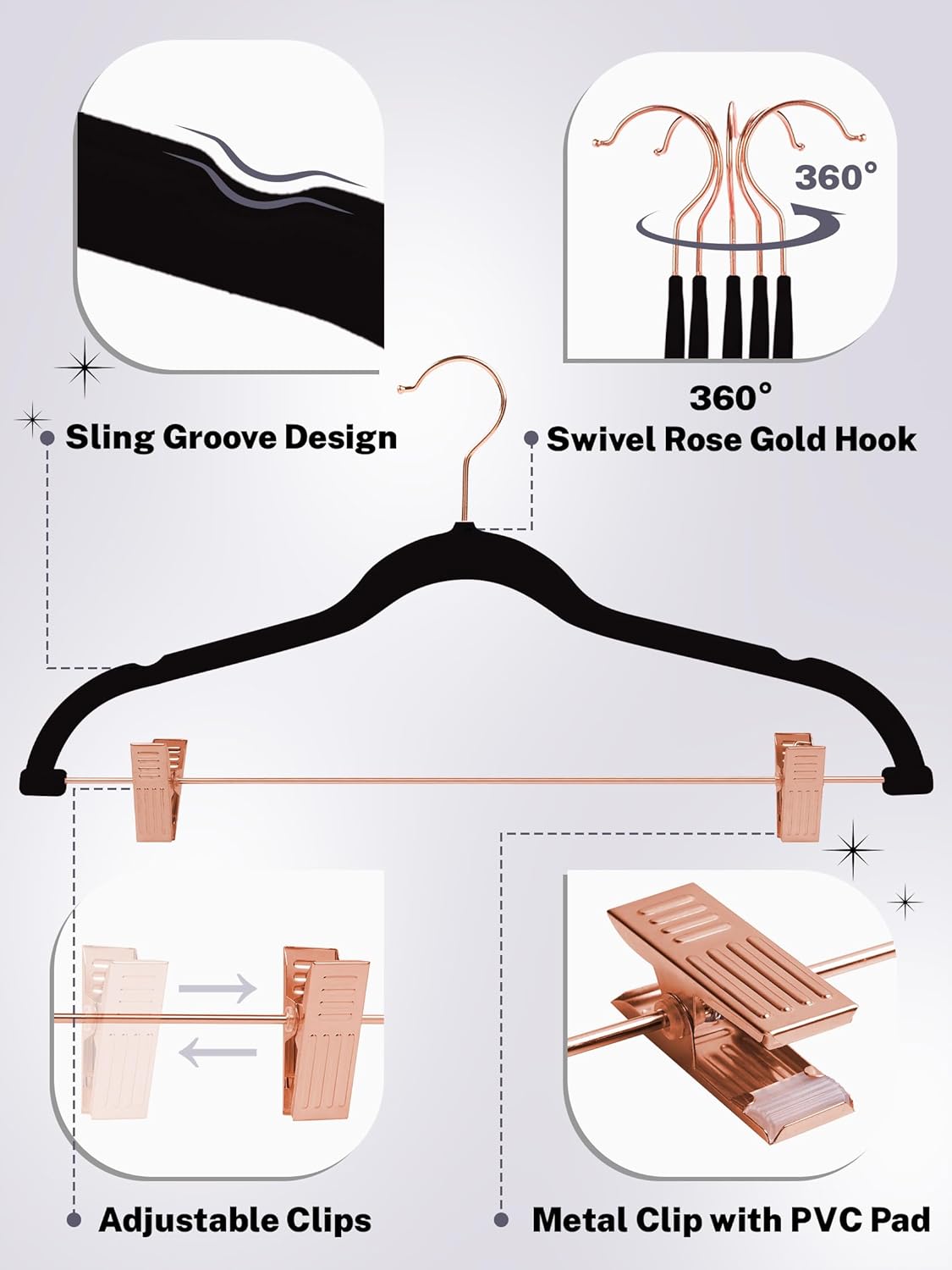 HOUSE DAY Velvet Pants Hangers with Clips 24 Pack, Ultra Thin Non Slip Velvet Skirt Hangers with Rose Gold Hooks Space Saving Clothes Hanger for Trouser, Skirts, Jeans, Dress, Coats (Black)
