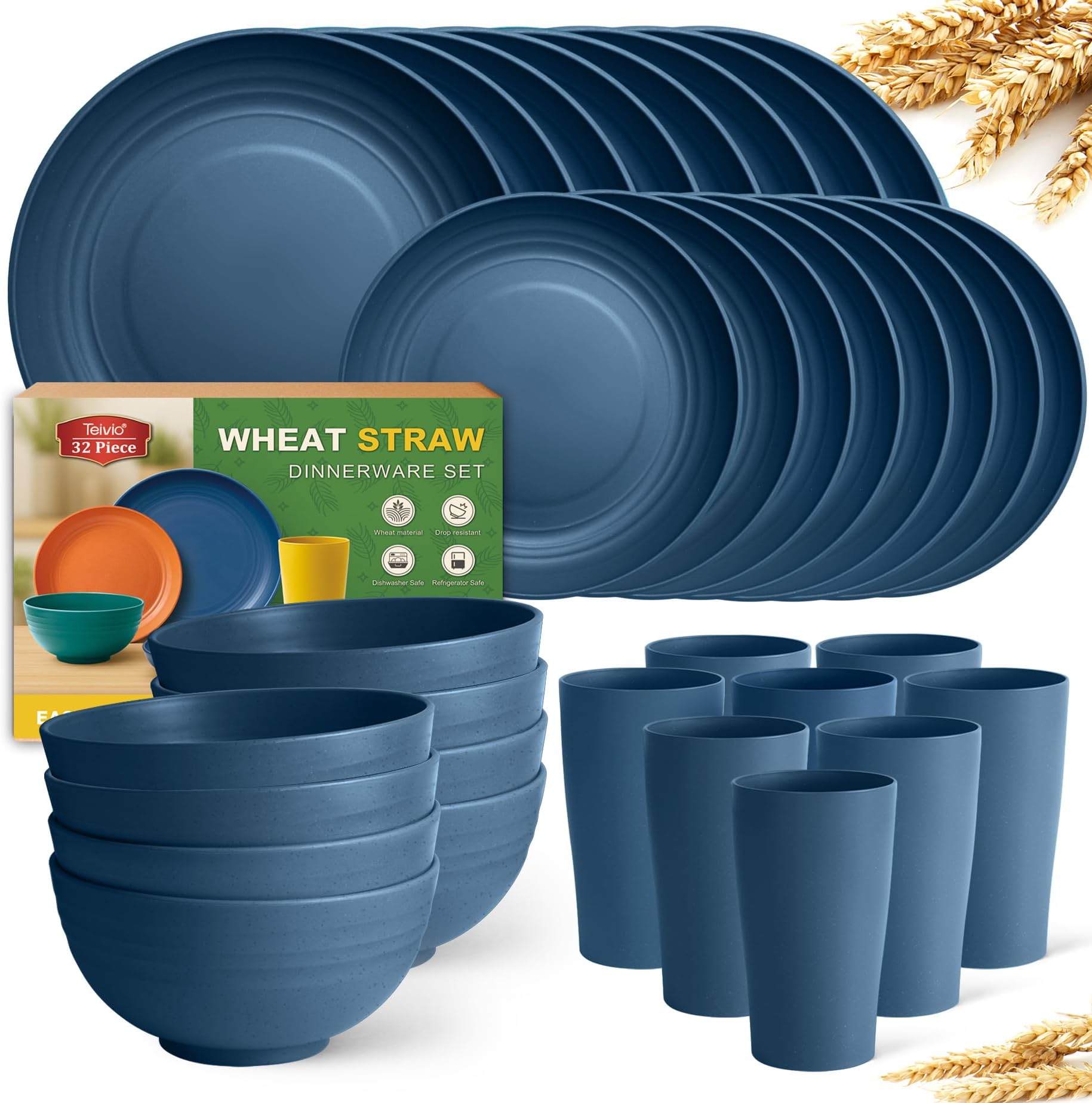 Teivio 32-Piece Kitchen Plastic Wheat Straw Dinnerware Set, Service for 8, Dinner Plates, Dessert Plate, Cereal Bowls, Cups, Unbreakable Plastic Outdoor Camping Dishes, Midnight Blue