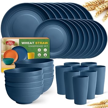 Teivio 32-Piece Kitchen Plastic Wheat Straw Dinnerware Set, Service for 8, Dinner Plates, Dessert Plate, Cereal Bowls, Cups, Unbreakable Colorful Plastic Outdoor Camping Dishes, Autumn Blue