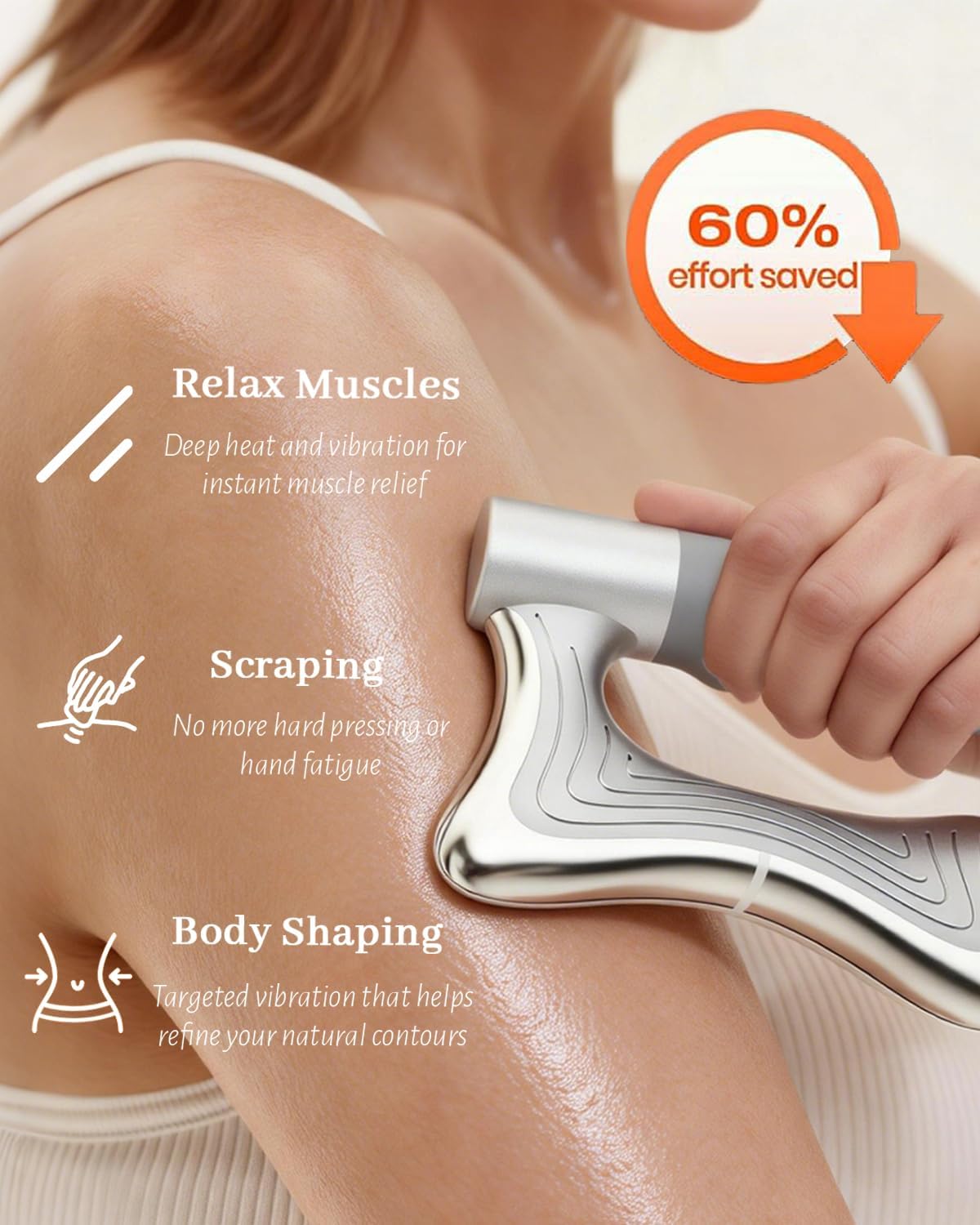 Muscle Scraper Tool, Heated Fascia Massage Tool with Vibration & Heating, Electric Body Contouring Device, 3 Modes LED Display, Rechargeable Wireless Gua Sha Massager for Full Body (Silver)