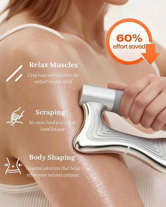 Muscle Scraper Tool, Heated Fascia Massage Tool with Vibration & Heating, Electric Body Contouring Device, 3 Modes LED Display, Rechargeable Wireless Gua Sha Massager for Full Body (Silver)
