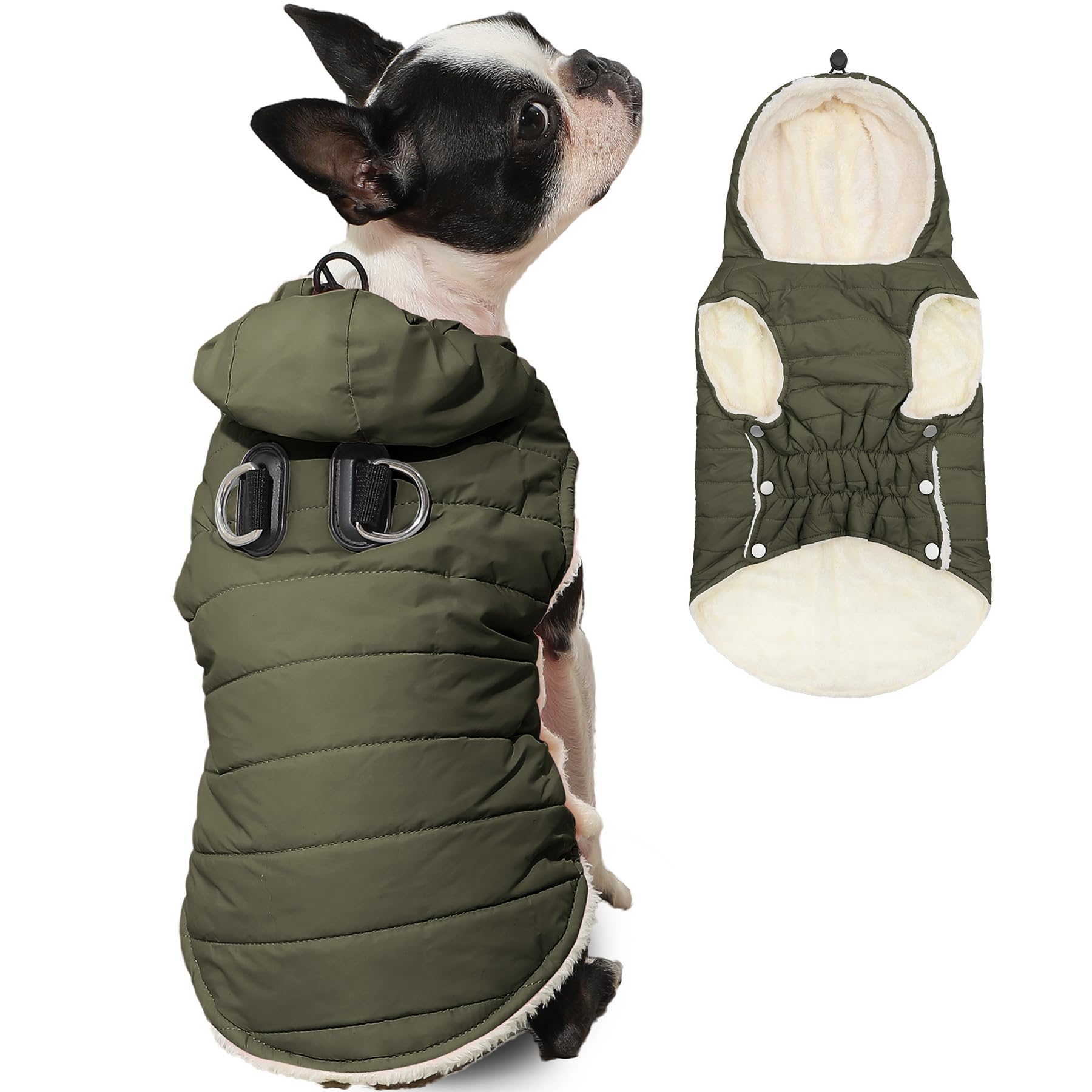 Vecomfy Dog Coat with Hood,Dog Jacket with Harness for Small Dog,Green M