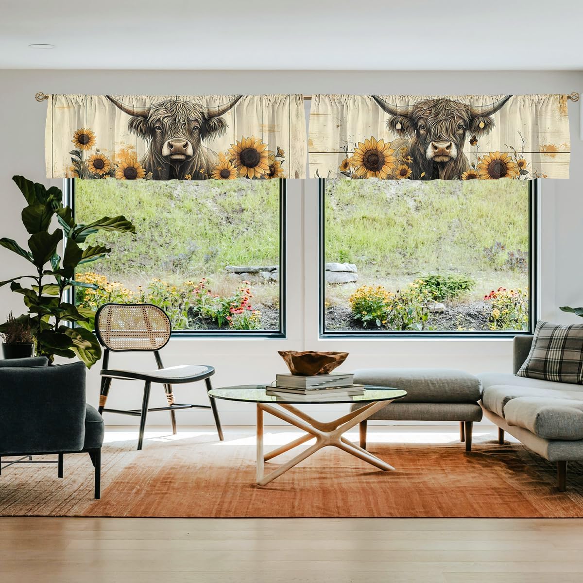 Cow Valance Curtain for Windows 4 Pack Sunflower Wood Animal Rustic Retro Rod Pocket Window Treatments Short Curtains for Kitchen Windows Bathroom Bedroom 54x18 Inch