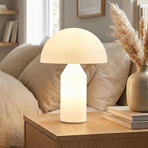 Brightech Venus Glass - Lámpara de mesa contemporánea de 14 pulgadas con pantalla de vidrio y cuerpo, lámpara de mesa única de hongos, bombillas LED