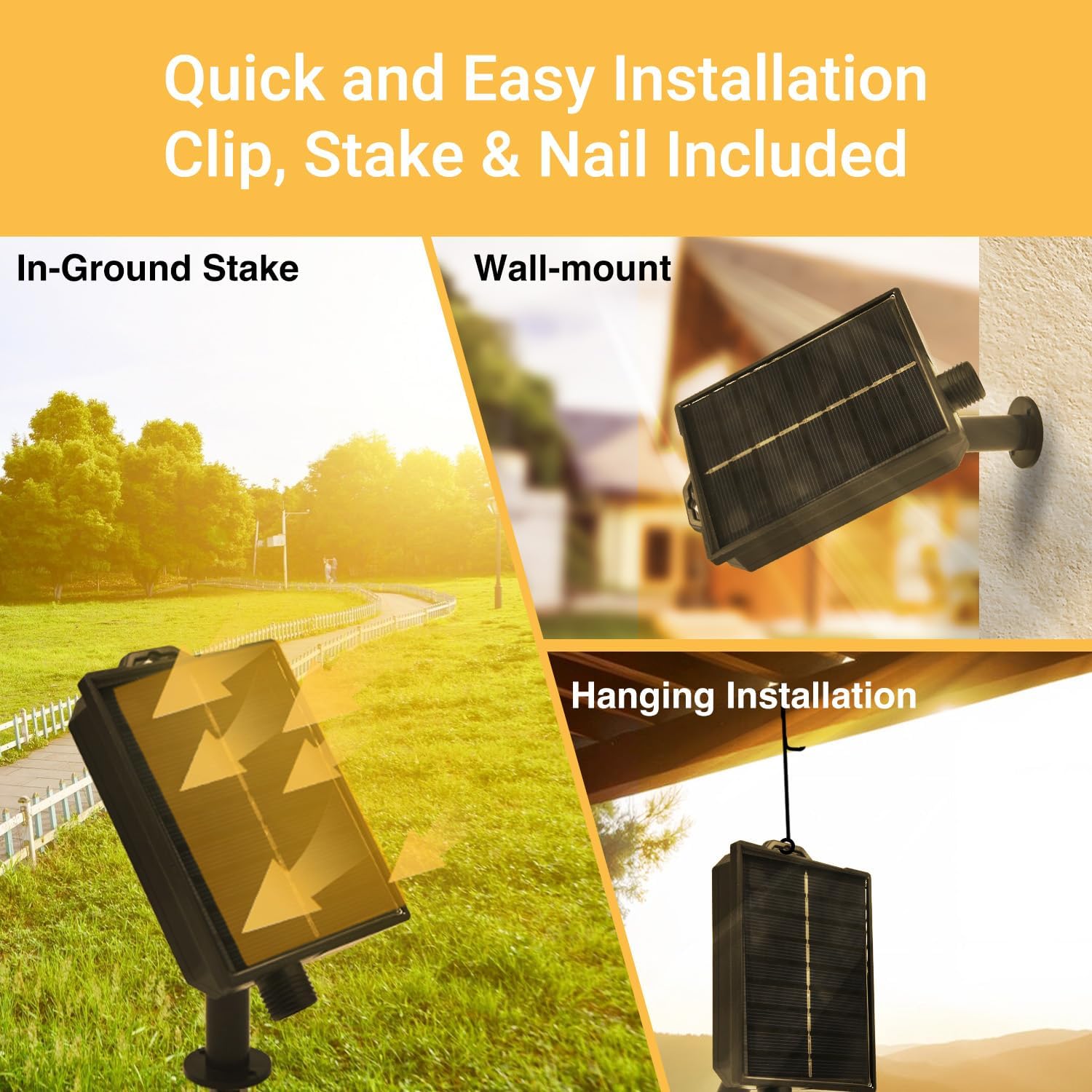 Three installation methods for the solar panel: in-ground stake, wall-mount, and hanging installation