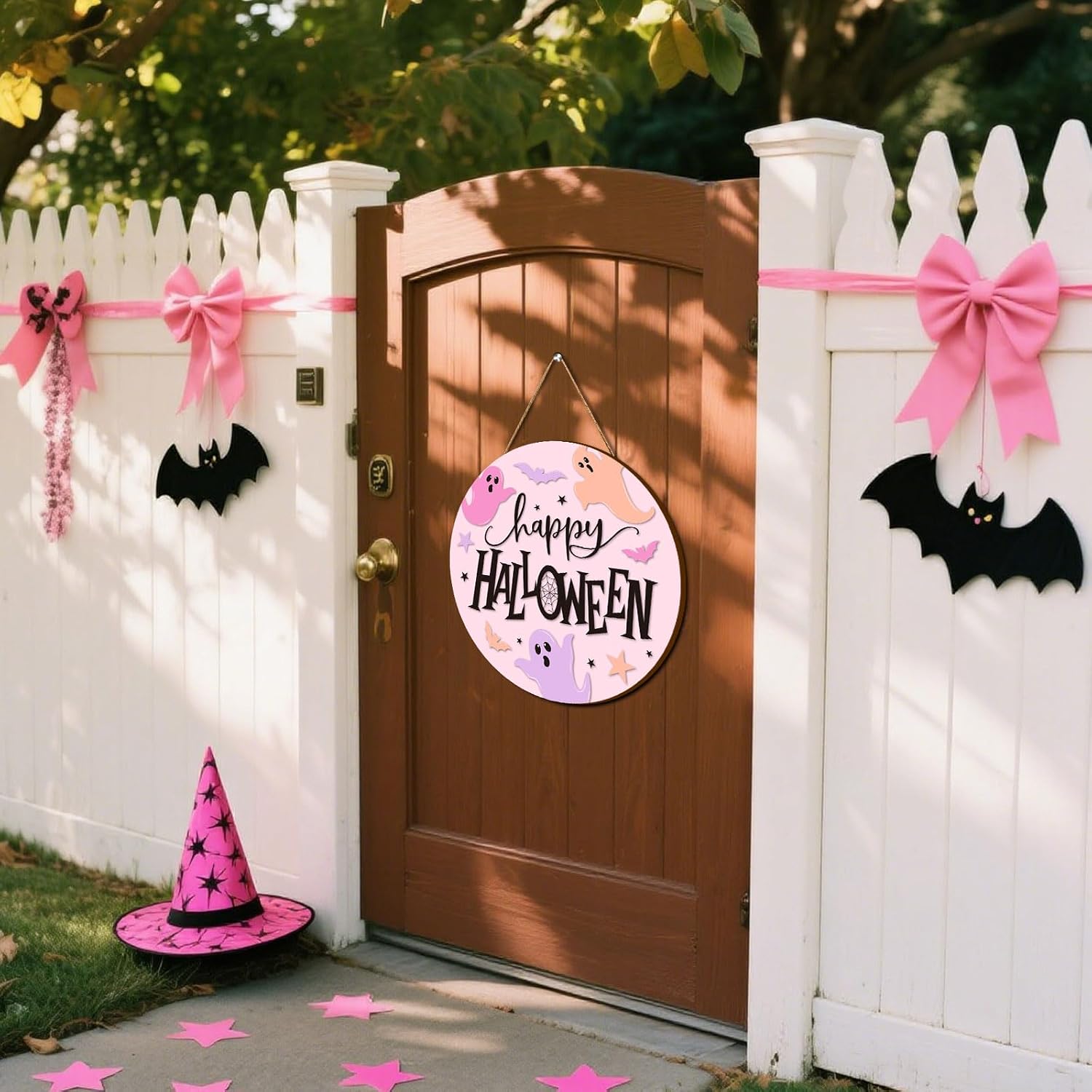 JarThenaAMCS Halloween Ghost Wooden Hanging Sign Pink Spooky Welcome Sign Ghost Bat Door Decor Signs for Indoor Outdoor Porch Wall Trick or Treat Party Front Door image 5