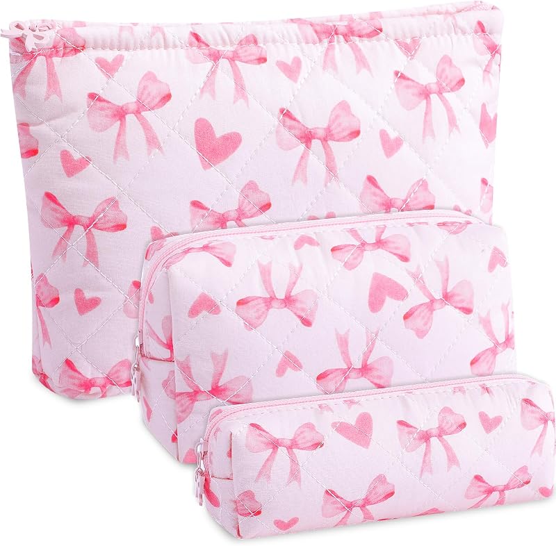 Conjunto Paterr com 3 nécessaires de maquiagem em algodão matelassado, laço e estampa floral, cor neutra