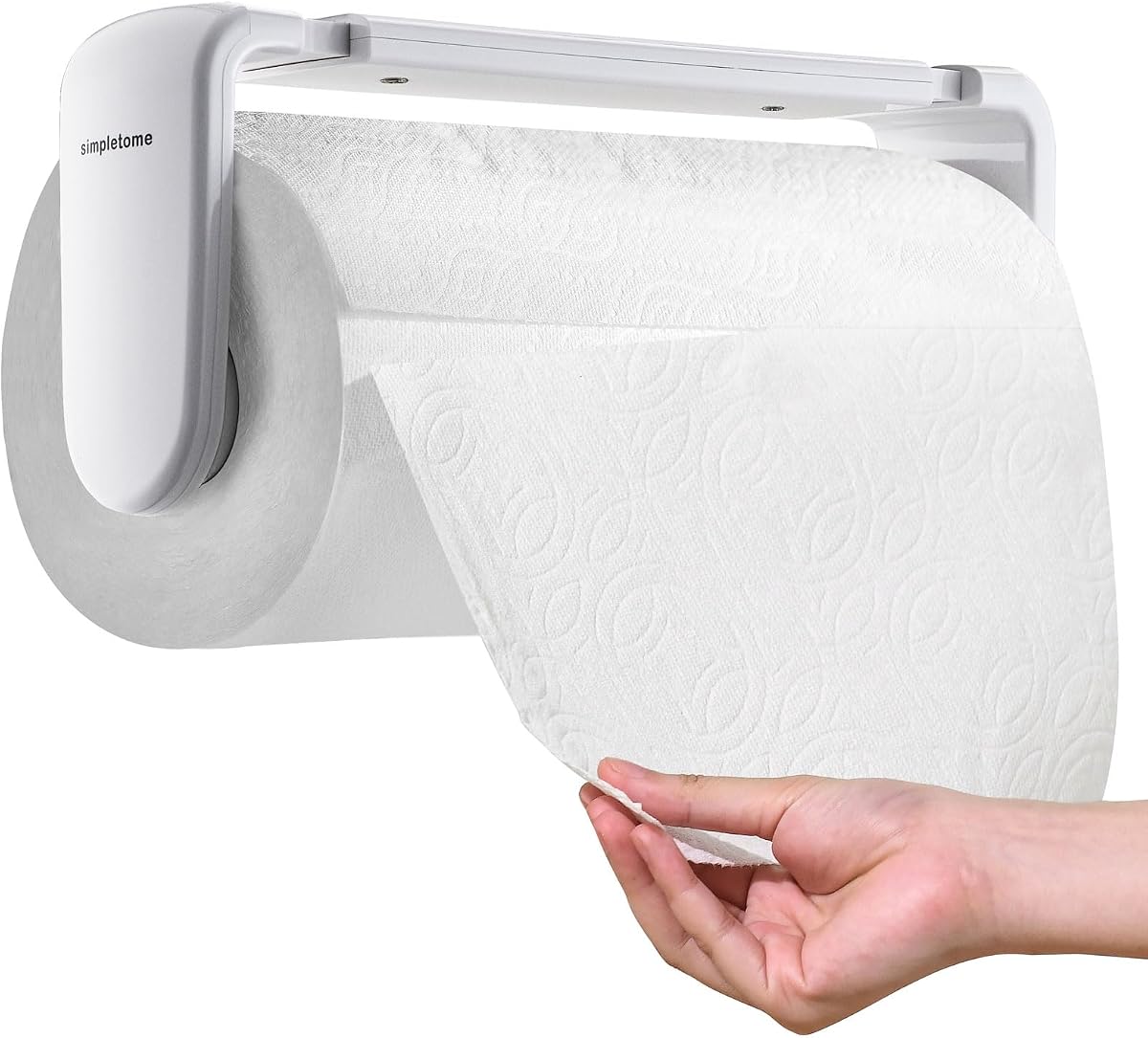 ONE Hand Simple Tear Paper Towel Holder Under Cabinet/Wall Mount, White | for 9.4-11inch roll in length | adaptive adjustable tension arm | tear one/more at one time | adhesive or drilling | abs