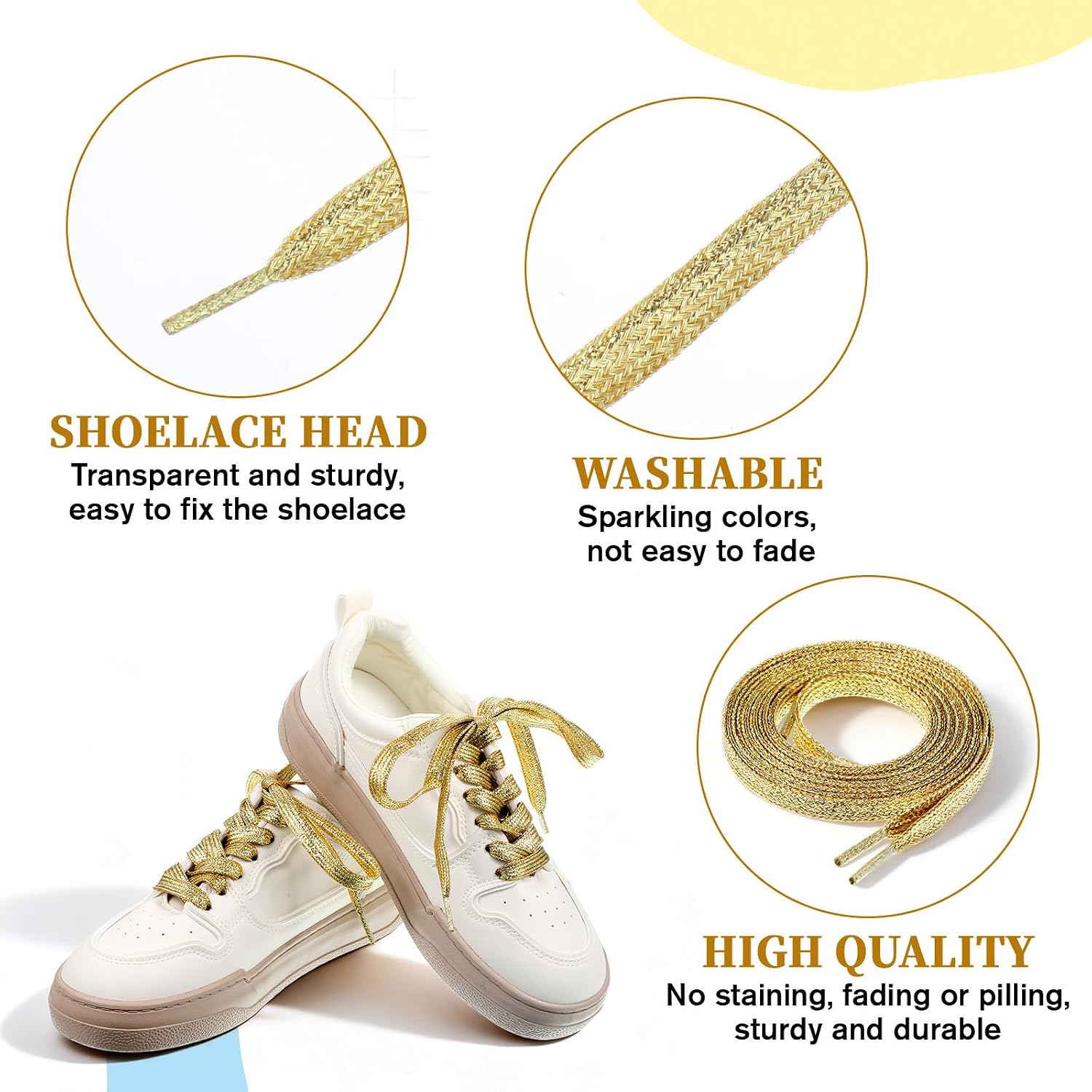 2 Pairs Glitter Shoe Laces 47 Inch Flat Bling Gold Wide Metallic Shoelace Shinny Sparkle Sequin Shoe Strings Fashion Sneakers Shoelace for Adult Kids