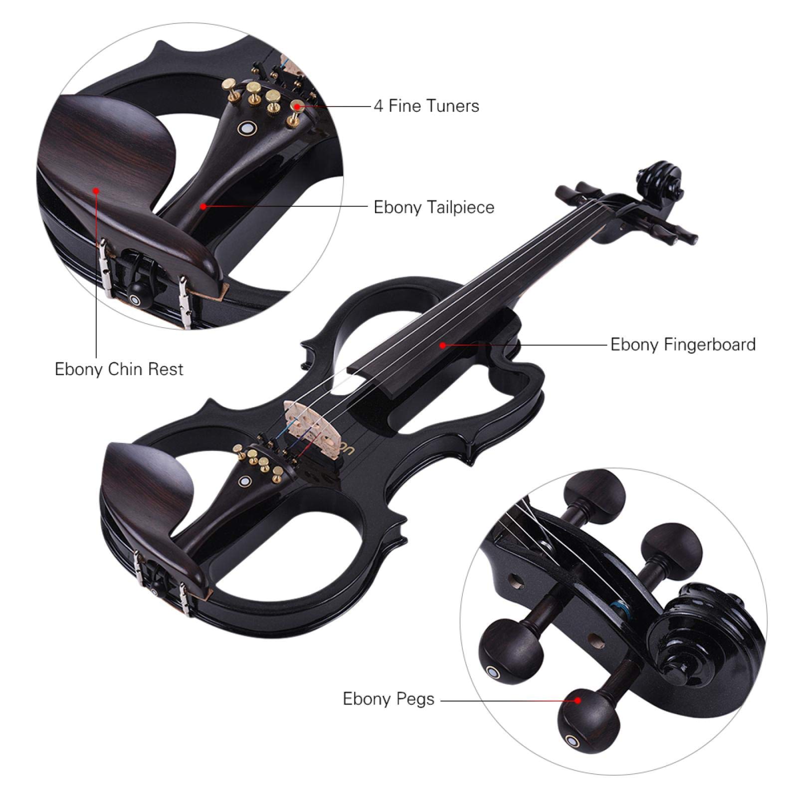 4/4 legno massello silenzioso violino elettrico violino corpo acero tastiera in ebano pioli con musica accessori neri