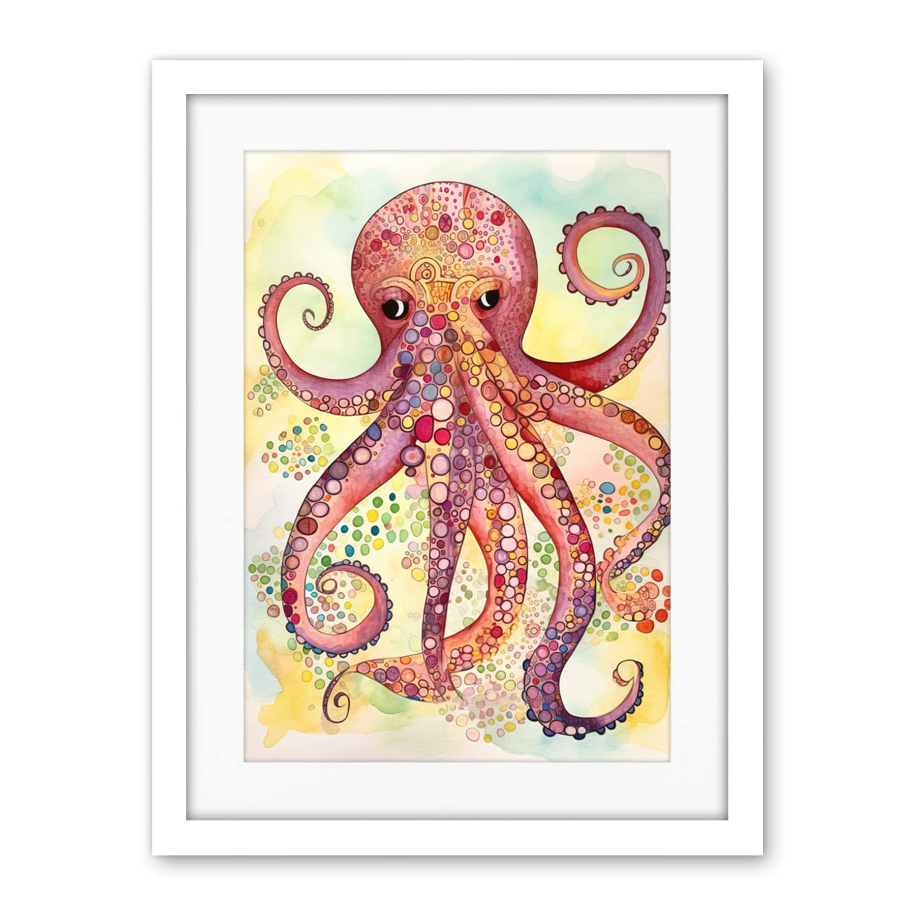 Artery8 Octopus Portrait Bright Folk Art Watercolour Painting Artwork Framed Wall Art Print 18X24 Inch