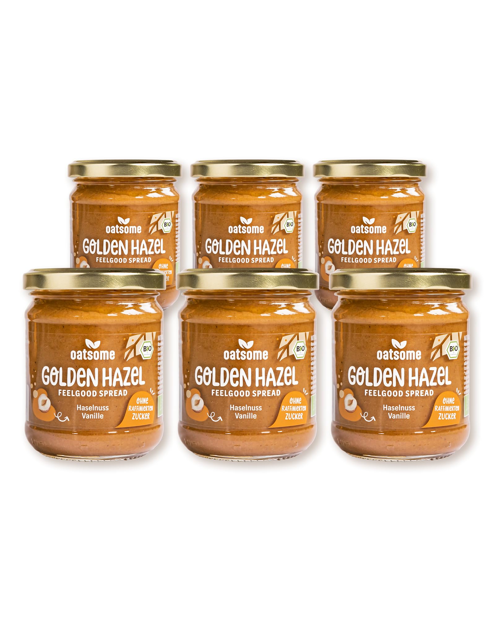 OATSOME® 6er Set Golden Hazel | Feelgood Spread | Vegane Haselnuss-Milchcreme | Geröstete Haselnuss & Bourbon-Vanille | Ohne raffinierten Zucker & Palmöl | Bio & 100% Natürlich | Aufstrich | 6x200g