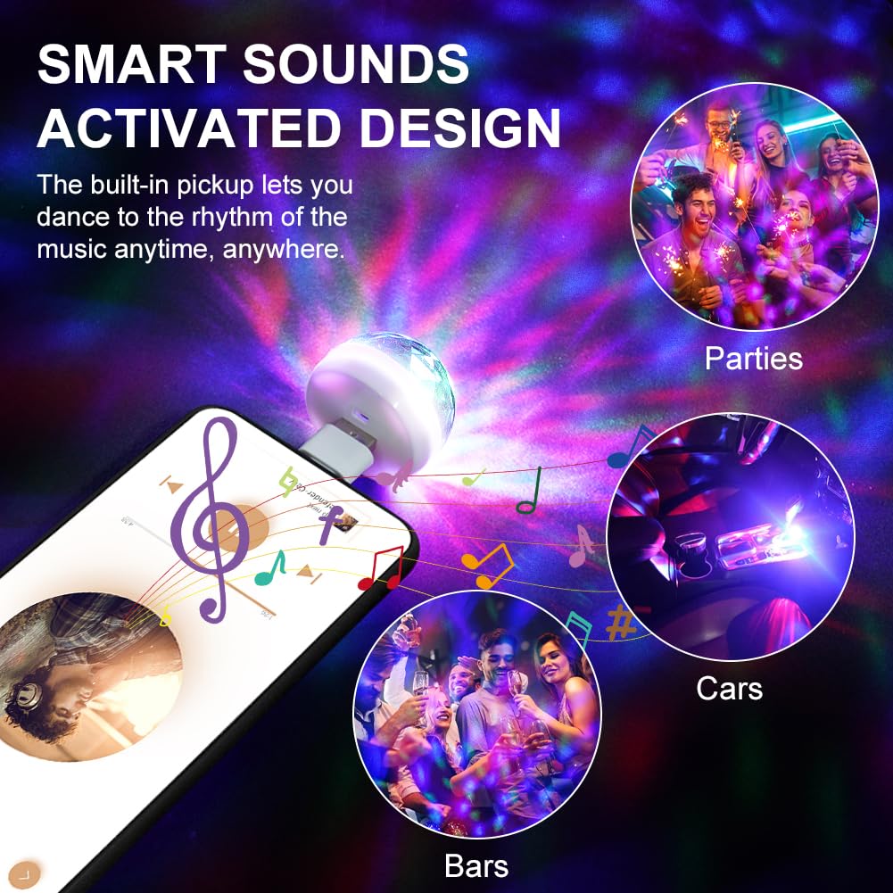 URAQT USB Lights Disco, Mini Disco Ball Lights, 4 kolorowe samochodowe lampki nastrojowe LED, Przenośne Mini Disco Lights RGB z 3 adapterami, Nadaje się na imprezę, klub, urodziny, karaoke (Biały)