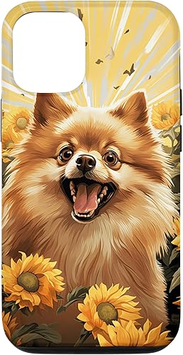 iPhone 13 Divertido Pomerania Cara Perro Con Girasol Pintura Caso