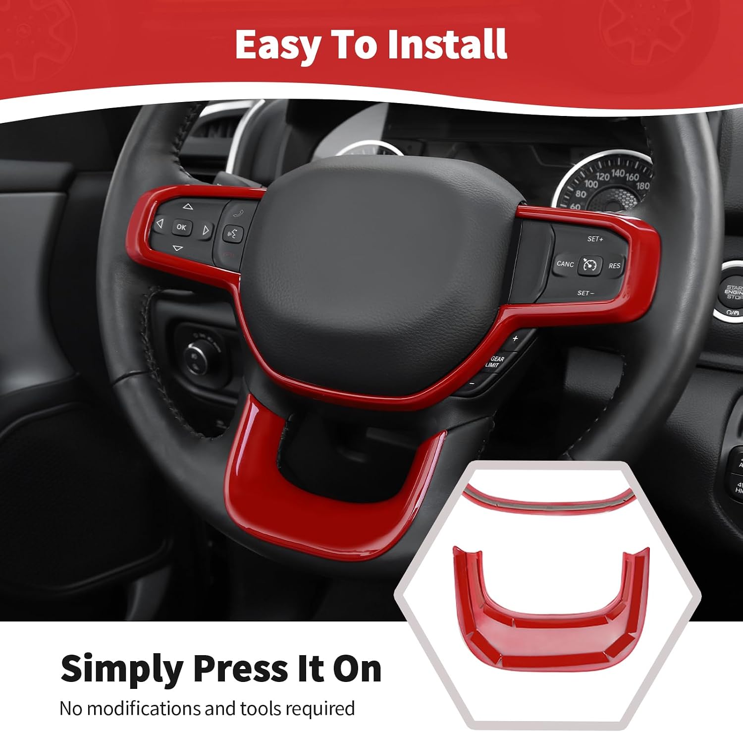 for RAM Steering Wheel Panel Trim Sticker for RAM 2018 2019 2020 2021 2022 2023 2024-Present Red Interior Accessories 2pcs