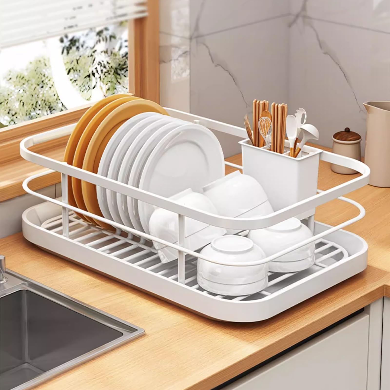 Scolapiatti In Acciaio Inox Da Appoggio, Scola Piatti Con Porta Utensili Per Lavello, Asciuga Piatti Cucina Risparmio Spazio Con Vassoio Plastico Rimovibile(A)