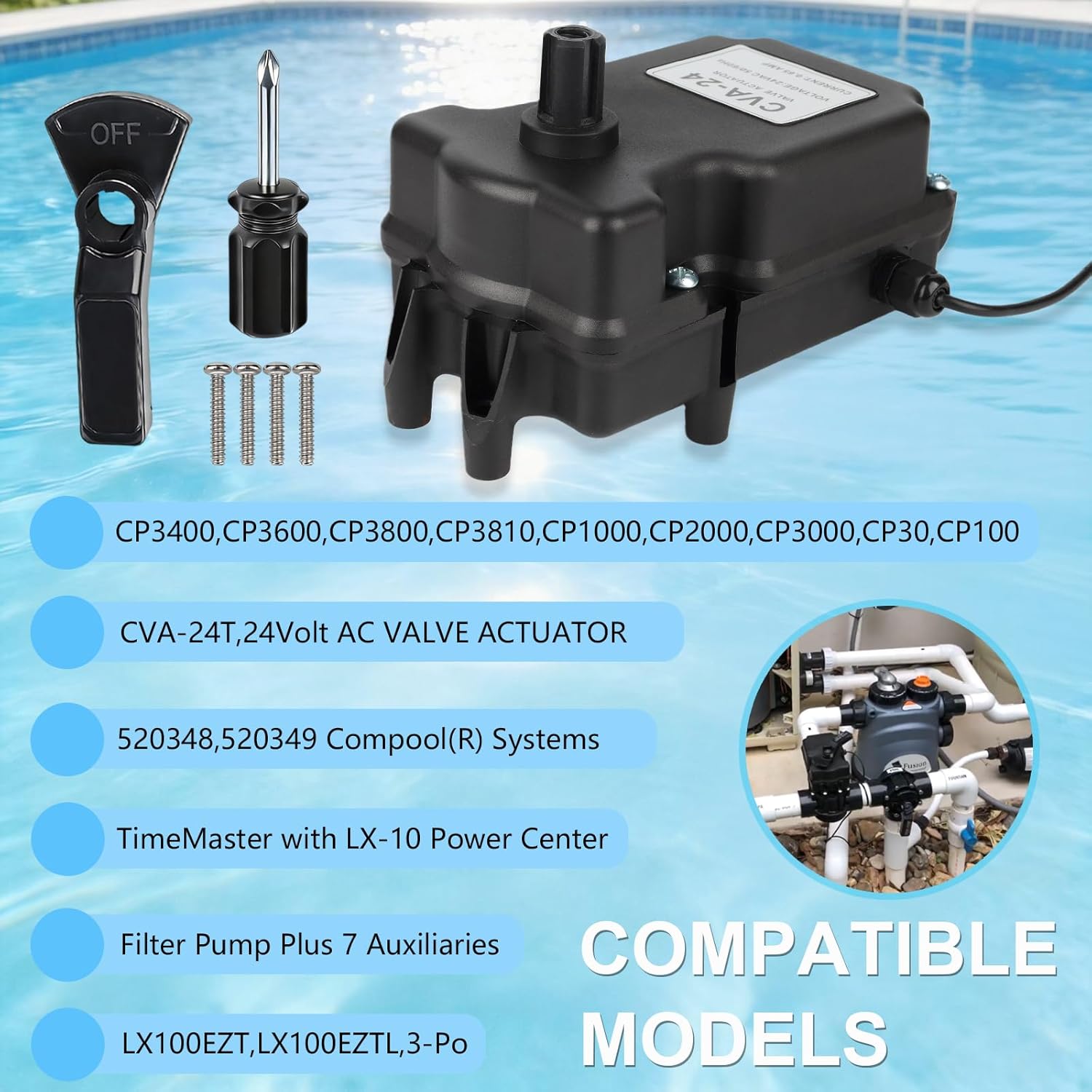 CVA-24T 24-Volt Pool Valve Actuator, Valve Actuator Replacement for 263045, 3-Port 180° Rotation Electric, 24VAC for Pools, Hot Tubs & Spas，High-Torque，include Installation Tool Kit